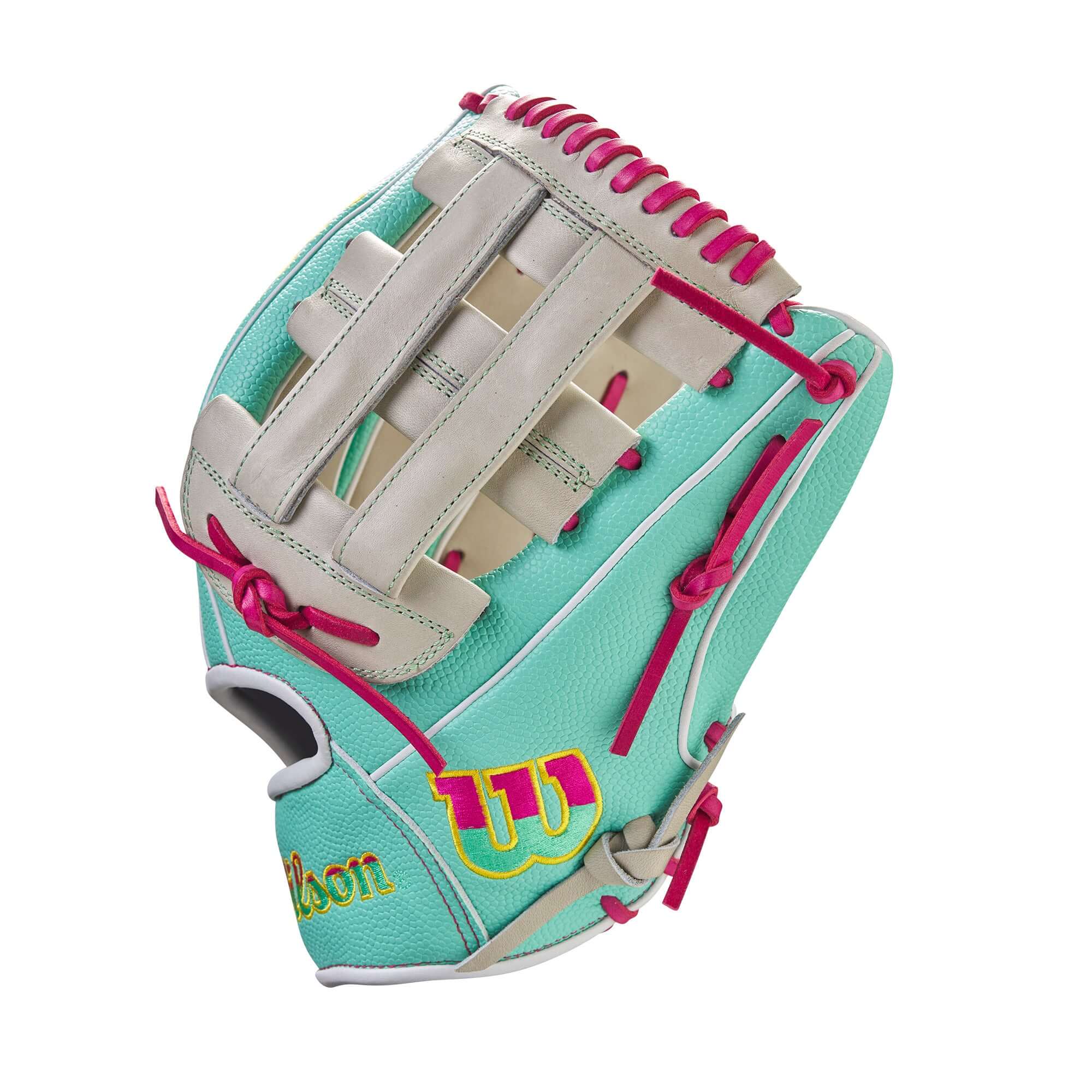 Wilson A2000 Glove of the Month September 2023, Jake Cronenworth, 12 inch, teal and pink design for infielders.