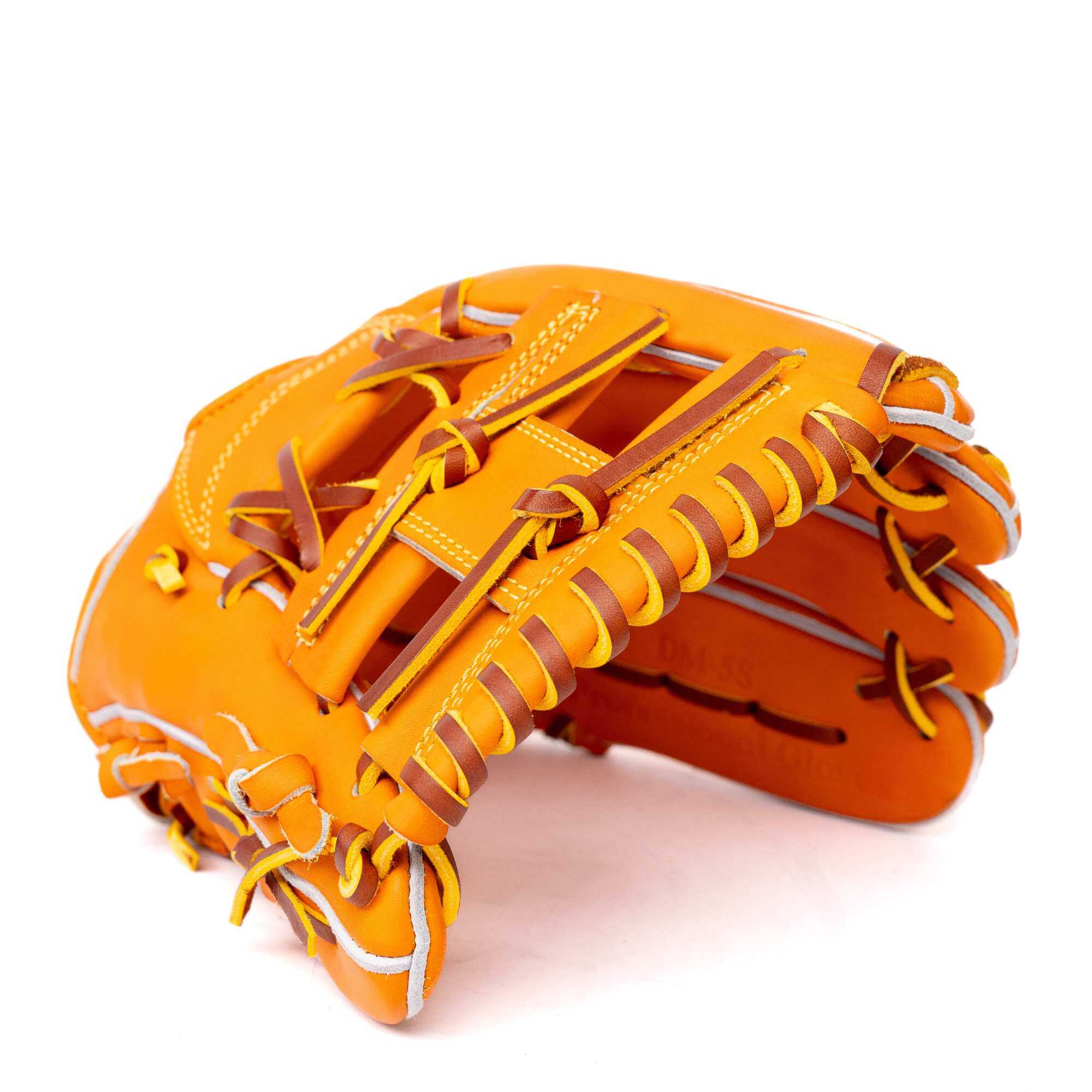 Jax DM-5S Infield Glove in vibrant orange and tan, showcasing craftsmanship and durability, 11.25 inches size.