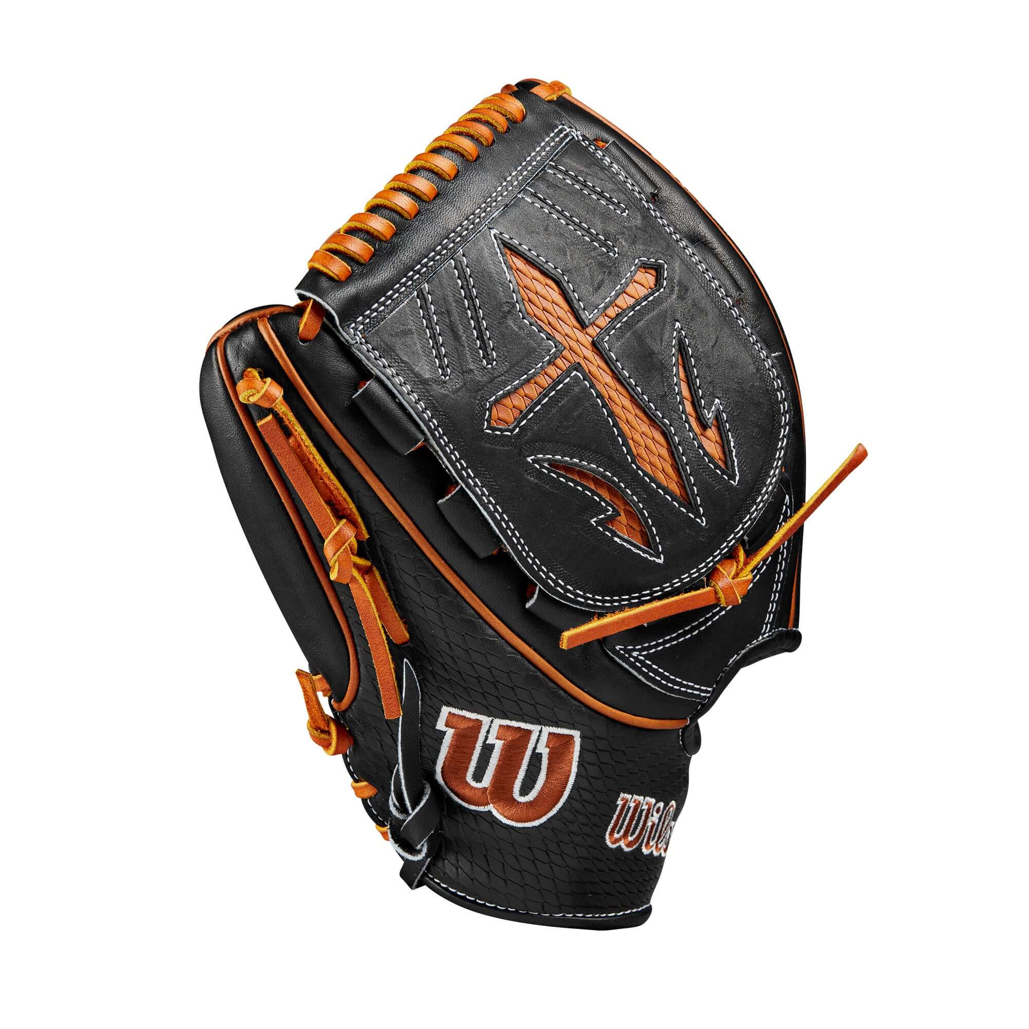 Wilson 2024 A2K B23 12" Pitcher's Baseball Glove showing black with orange accents and modified wrist strap design.
