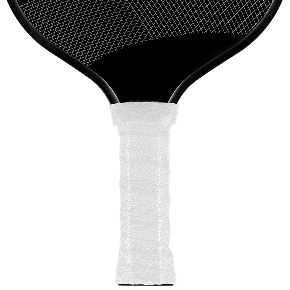 Lizard Skin DSP Ultra Pickleball Grip in Diamond White on a paddle, showcasing textured tackiness and durability.