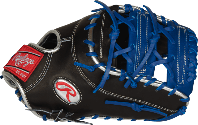Rawlings 2021 Pro Preferred Anthony Rizzo first base mitt in black and blue, designed for left-handed throwers.