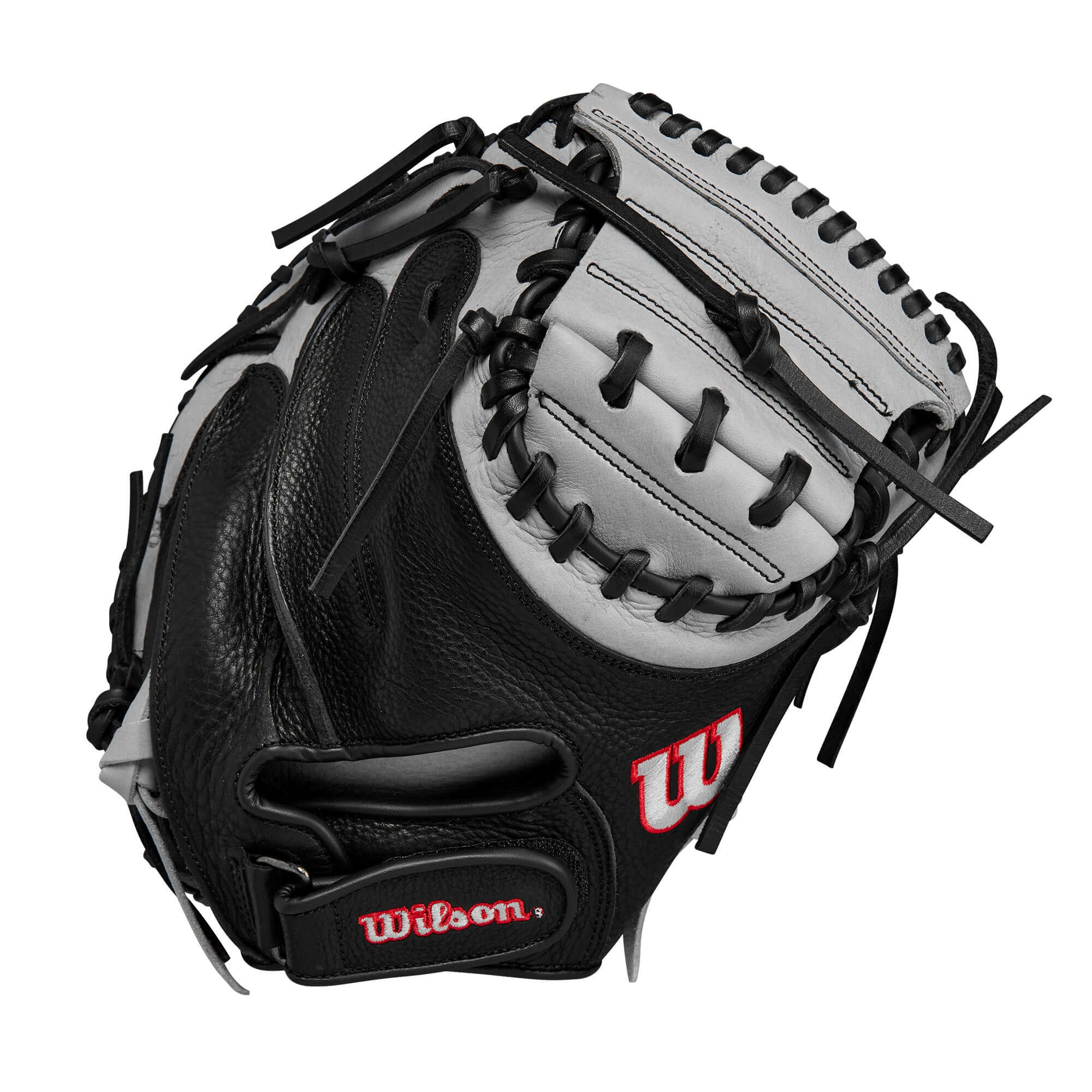 Wilson 2024 A1000 CM33 Baseball Catcher's Mitt in Silver, Black, and Red with Half Moon Web design.