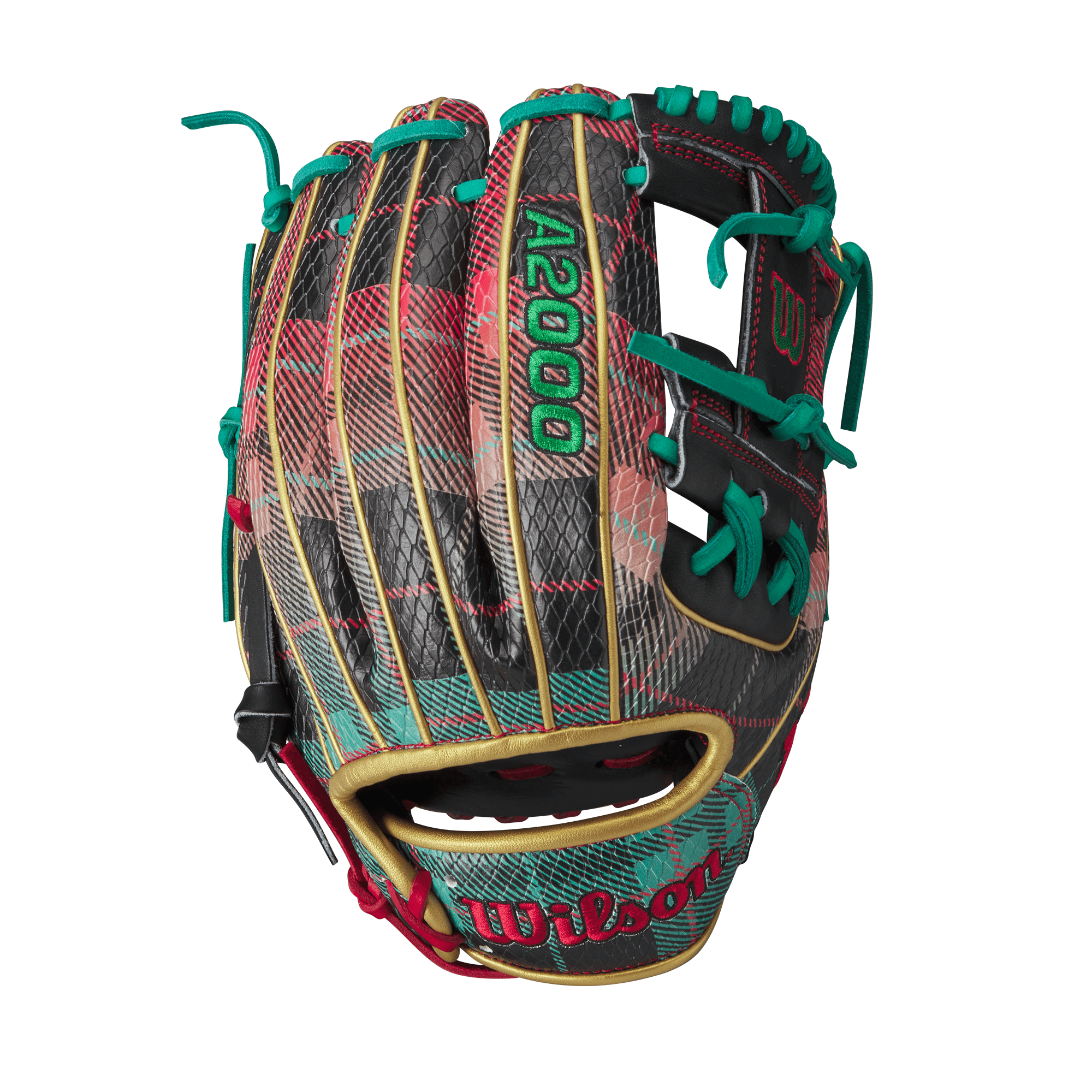 Wilson 2023 A2000 Holiday Sweater 1786 11.5” baseball glove in red, green plaid with metallic gold accents.