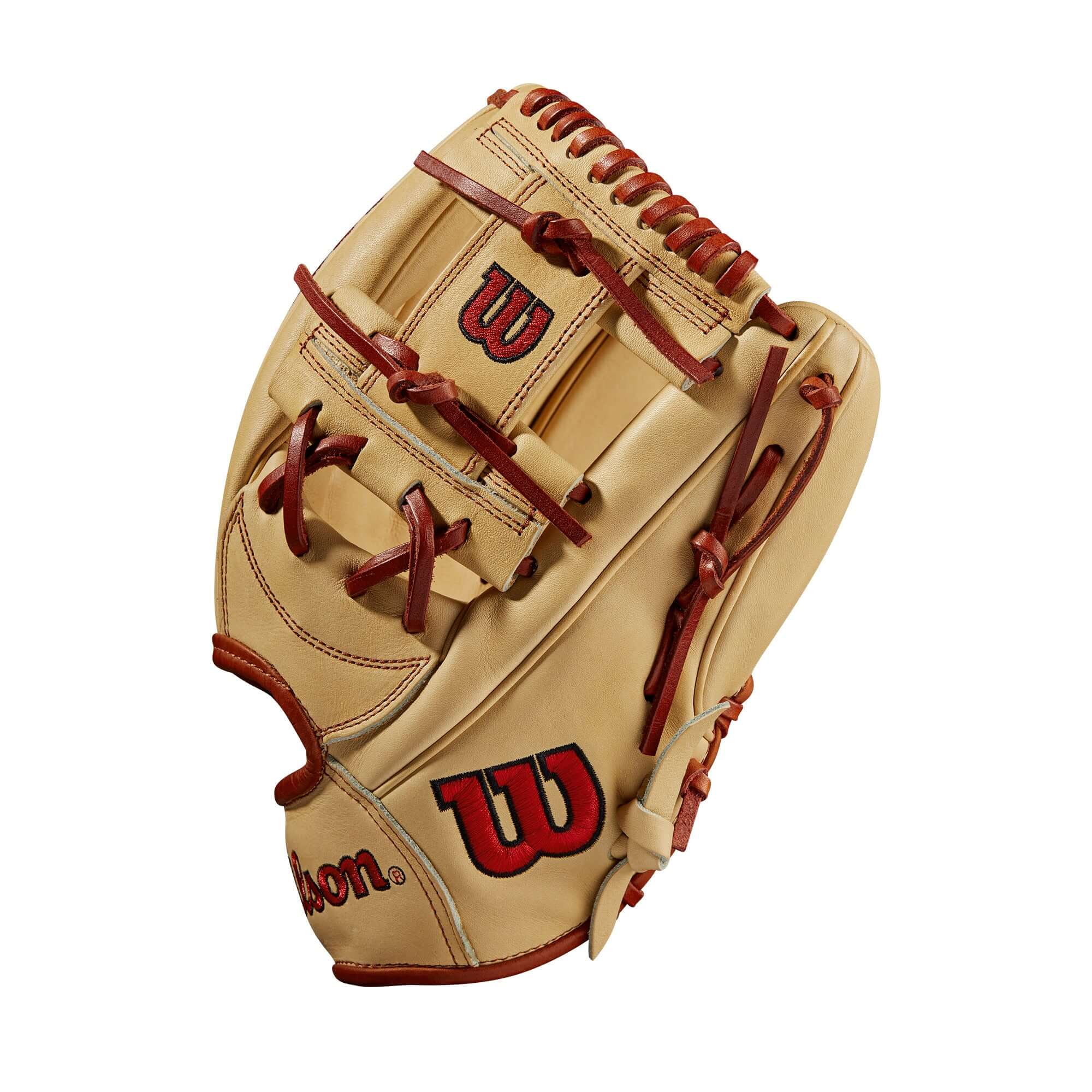 Wilson A2000 1787 11.75-inch blonde baseball glove with red accents and pro stock leather features.