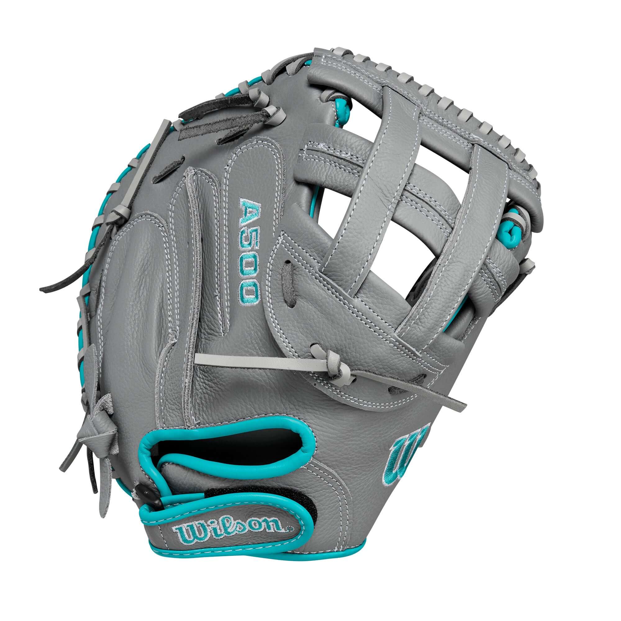 Wilson A500 2024 Siren 32" youth fastpitch softball catcher's mitt in grey, teal, and white with dual post web design.
