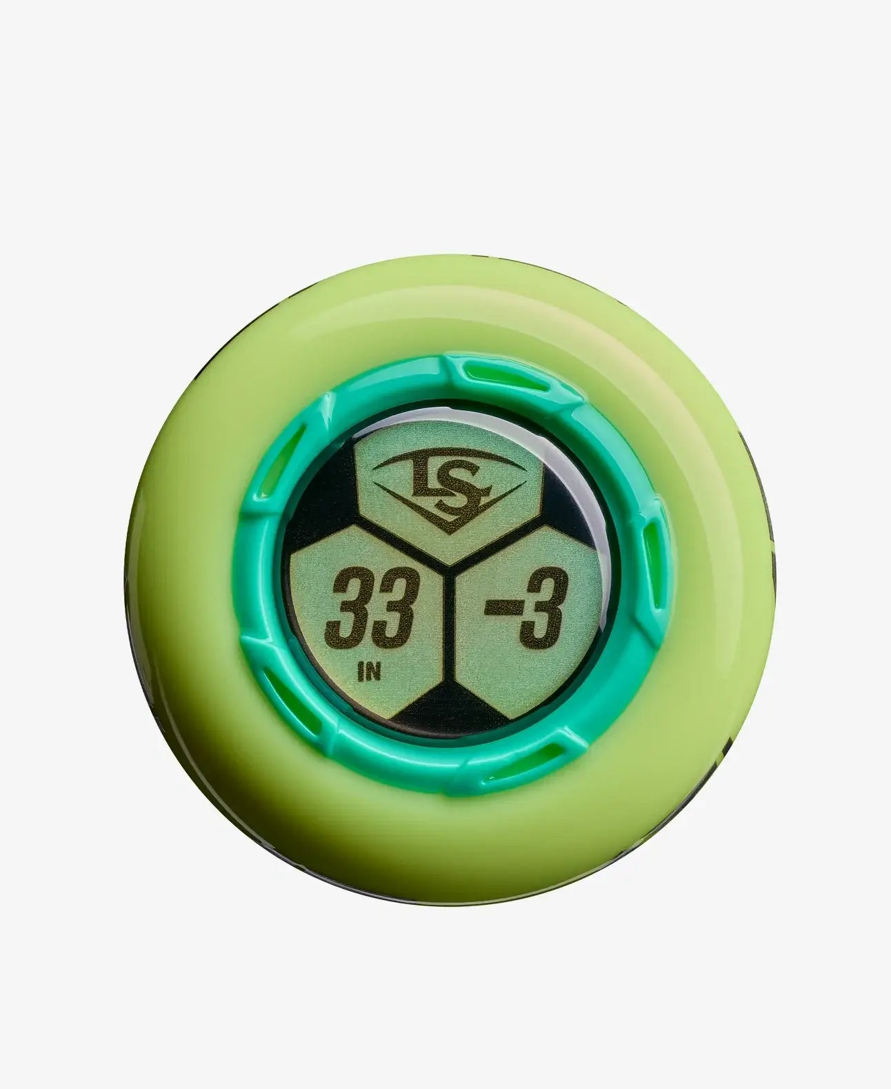End cap view of the 2026 Louisville Slugger Atlas Hybrid Green (-3) BBCOR Baseball Bat showing 33-inch length and drop weight.