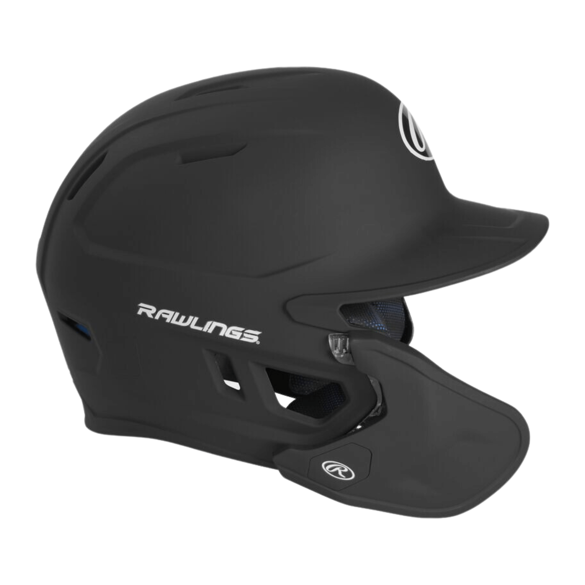 Rawlings Mach Adjust Junior left handed batting helmet in matte black, designed for superior coverage and visibility.