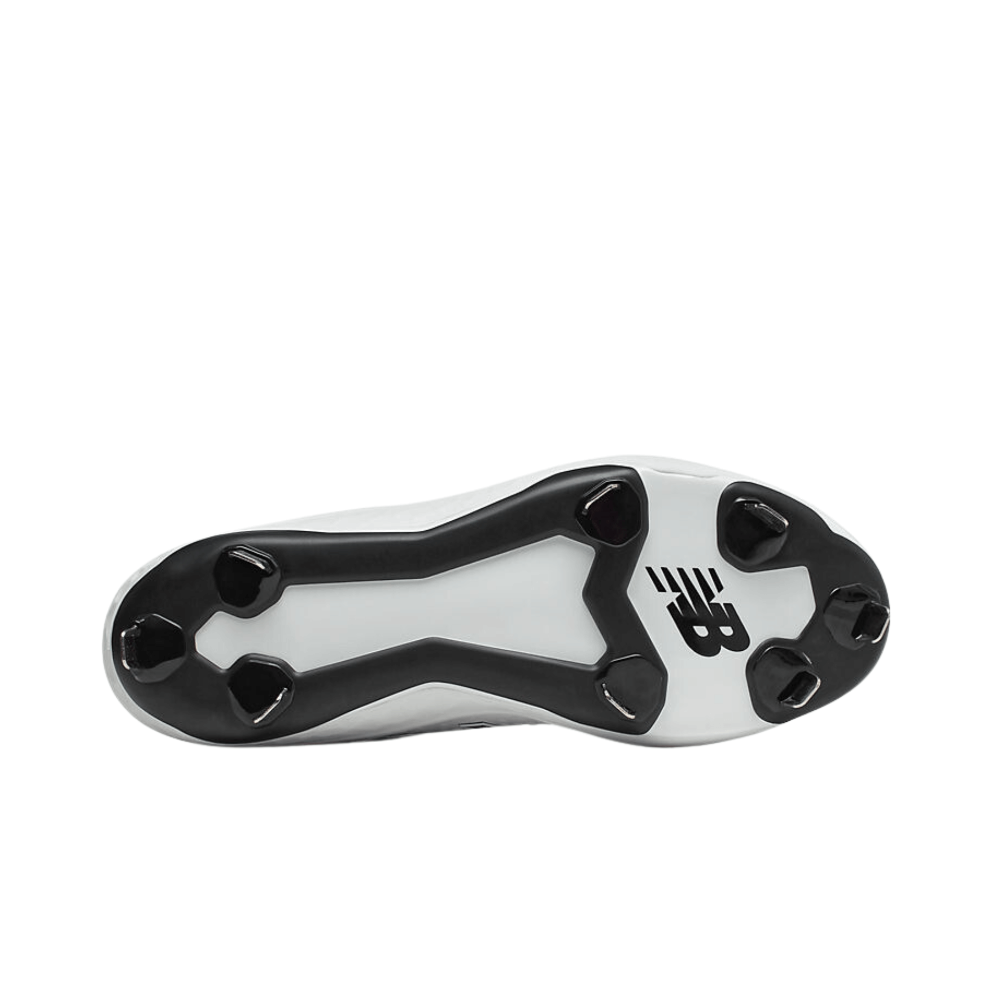 Bottom view of New Balance Low-Cut Fresh Foam 3000v5 Metal Baseball Cleats in white, showcasing cleat design and traction features.
