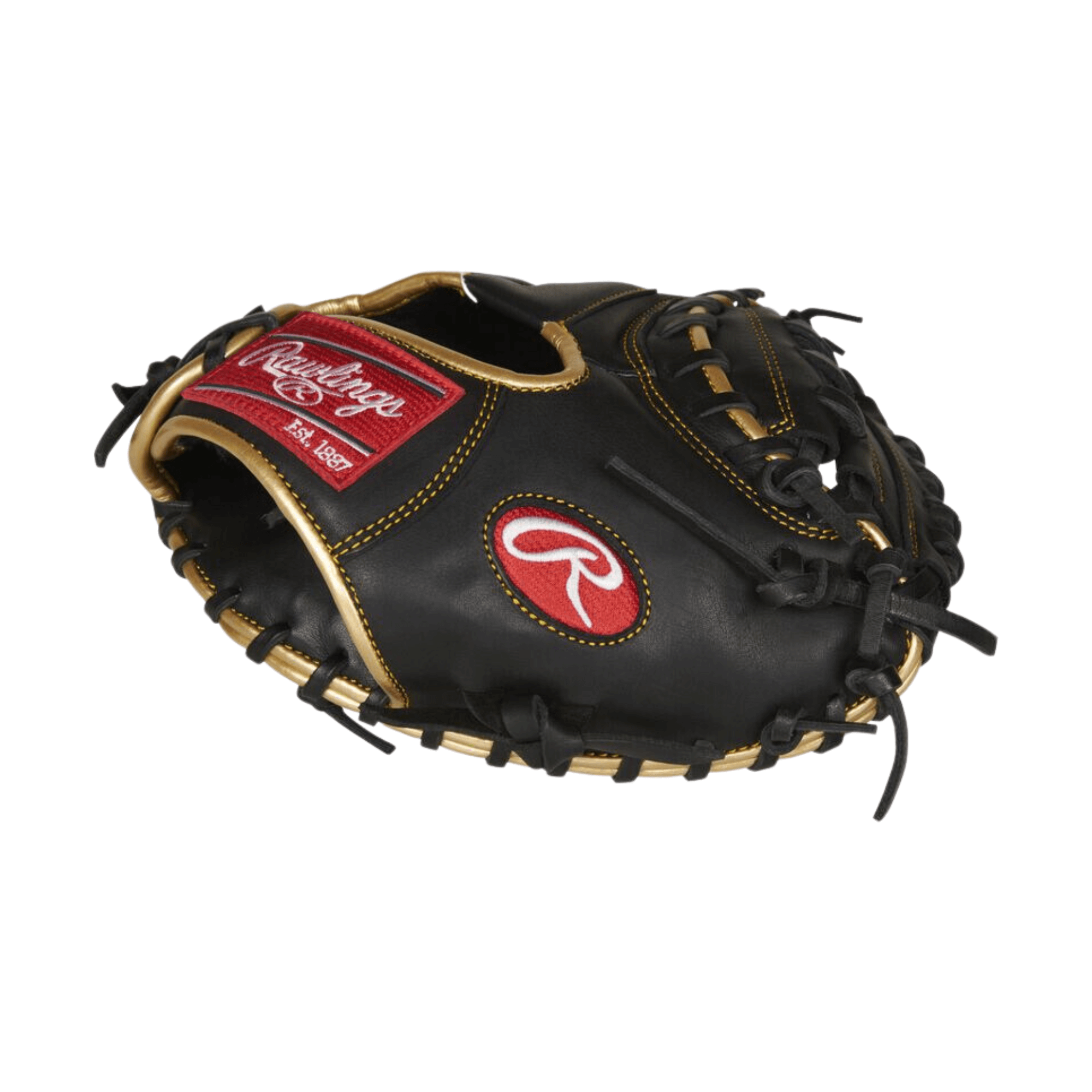 Rawlings R9 27-inch catcher's training mitt in black with red and gold accents, ideal for young athletes improving their skills.