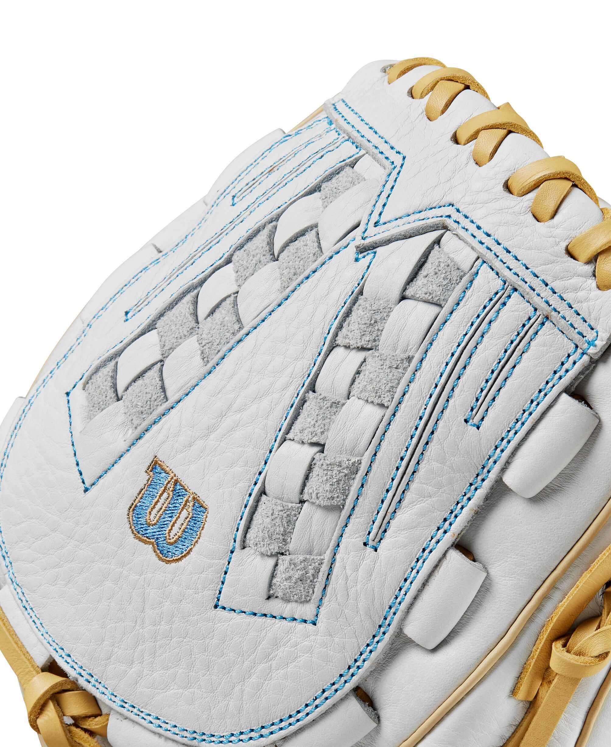 Close-up of Wilson 2024 A1000 V125 fastpitch softball glove in white and blonde with detailed stitching and logo.