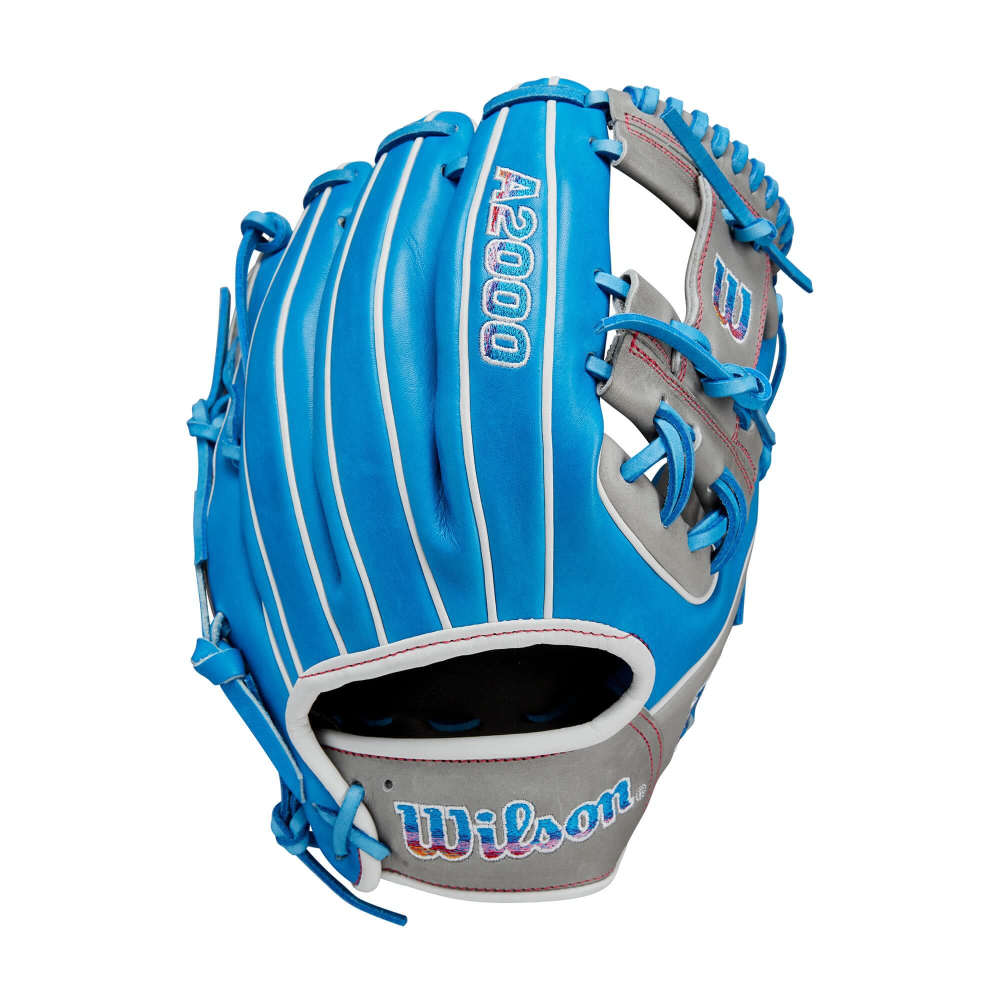 Wilson A2000 1786 blue and grey glove with Autism Speaks colorway, designed for infield performance and quick ball transfer.