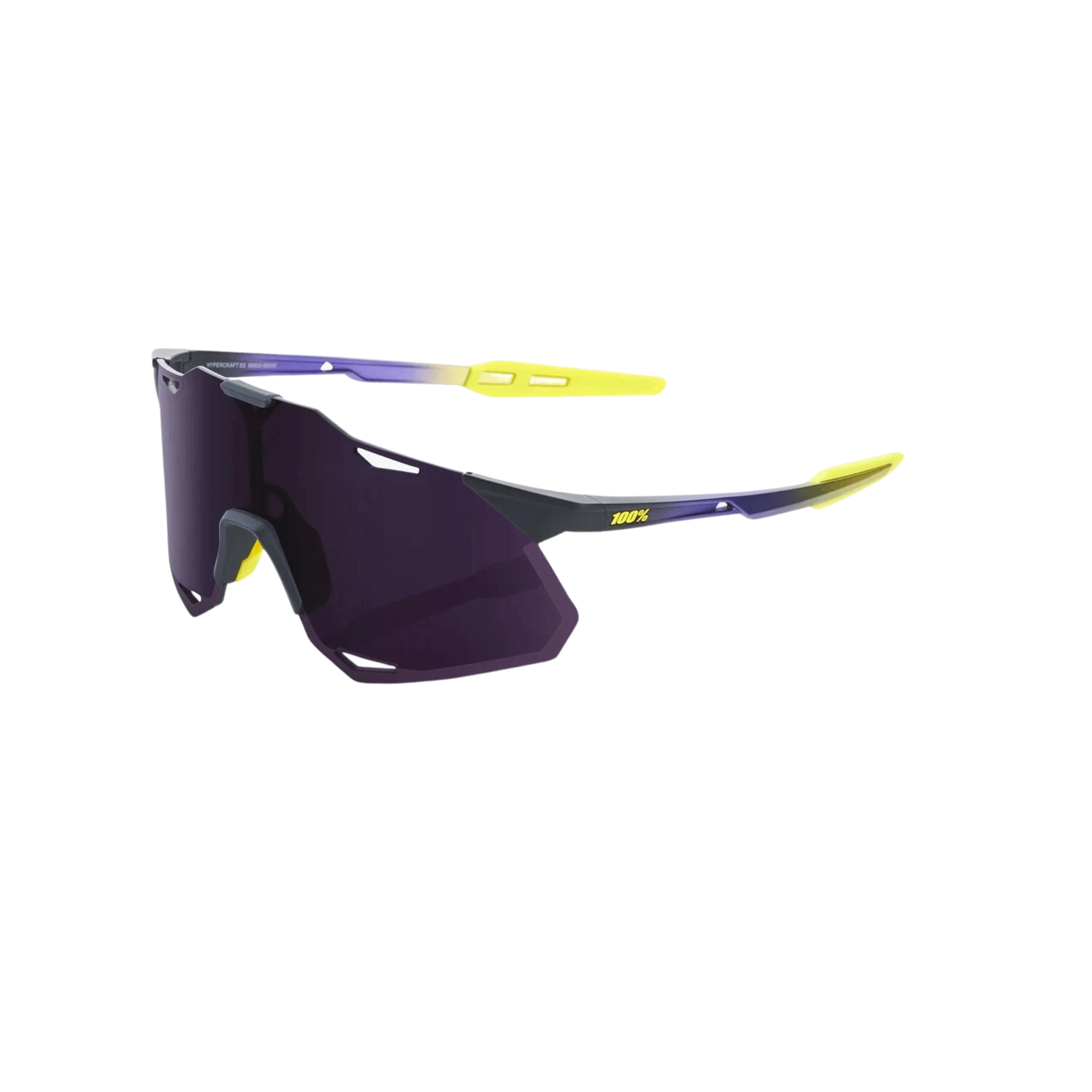 100% Hypercraft XS Dark Purple Lens sunglasses with a matte metallic frame and yellow accents, designed for superior optics.