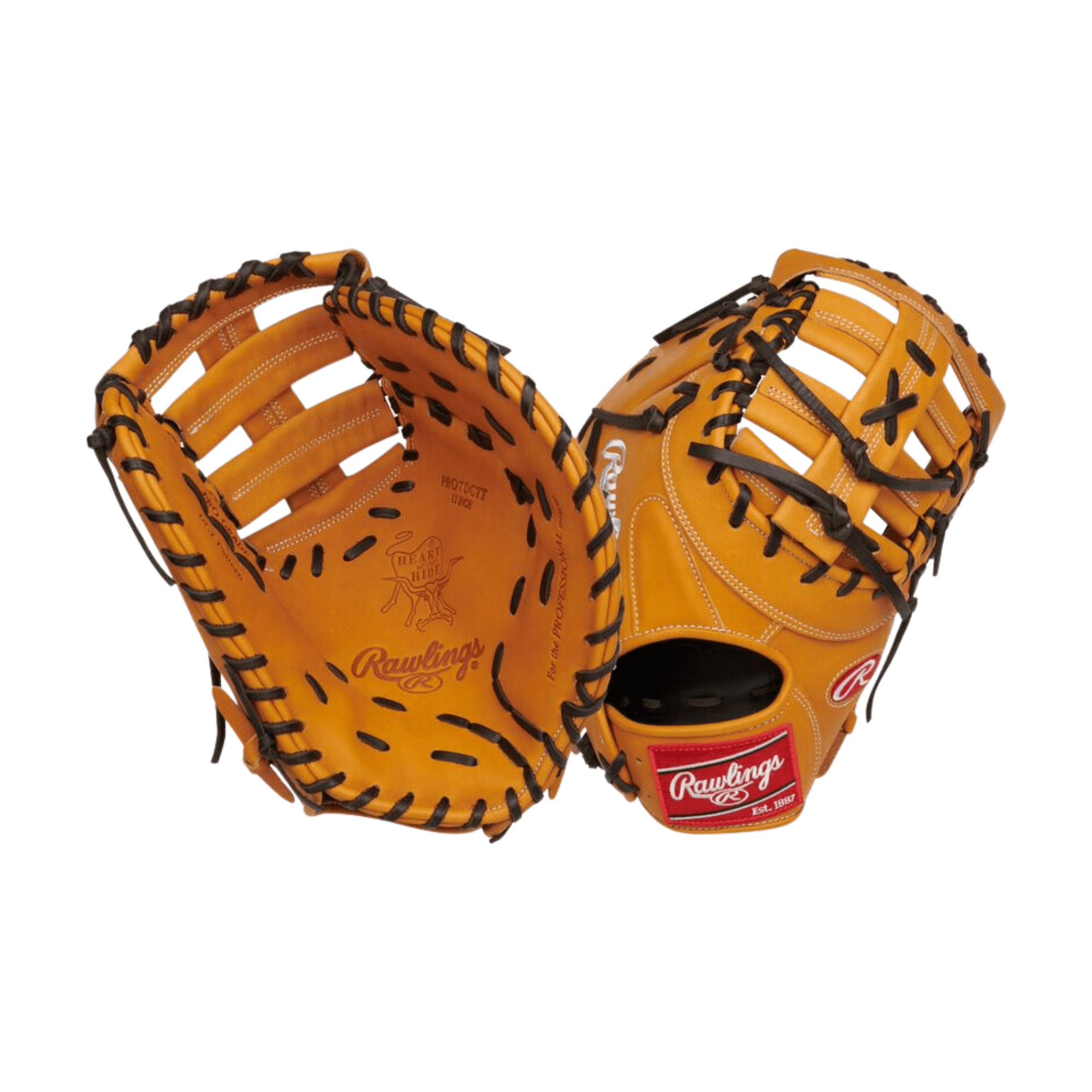 Rawlings Heart Of The Hide 13-inch first base mitt in traditional tan leather with iconic scarlet patch design.