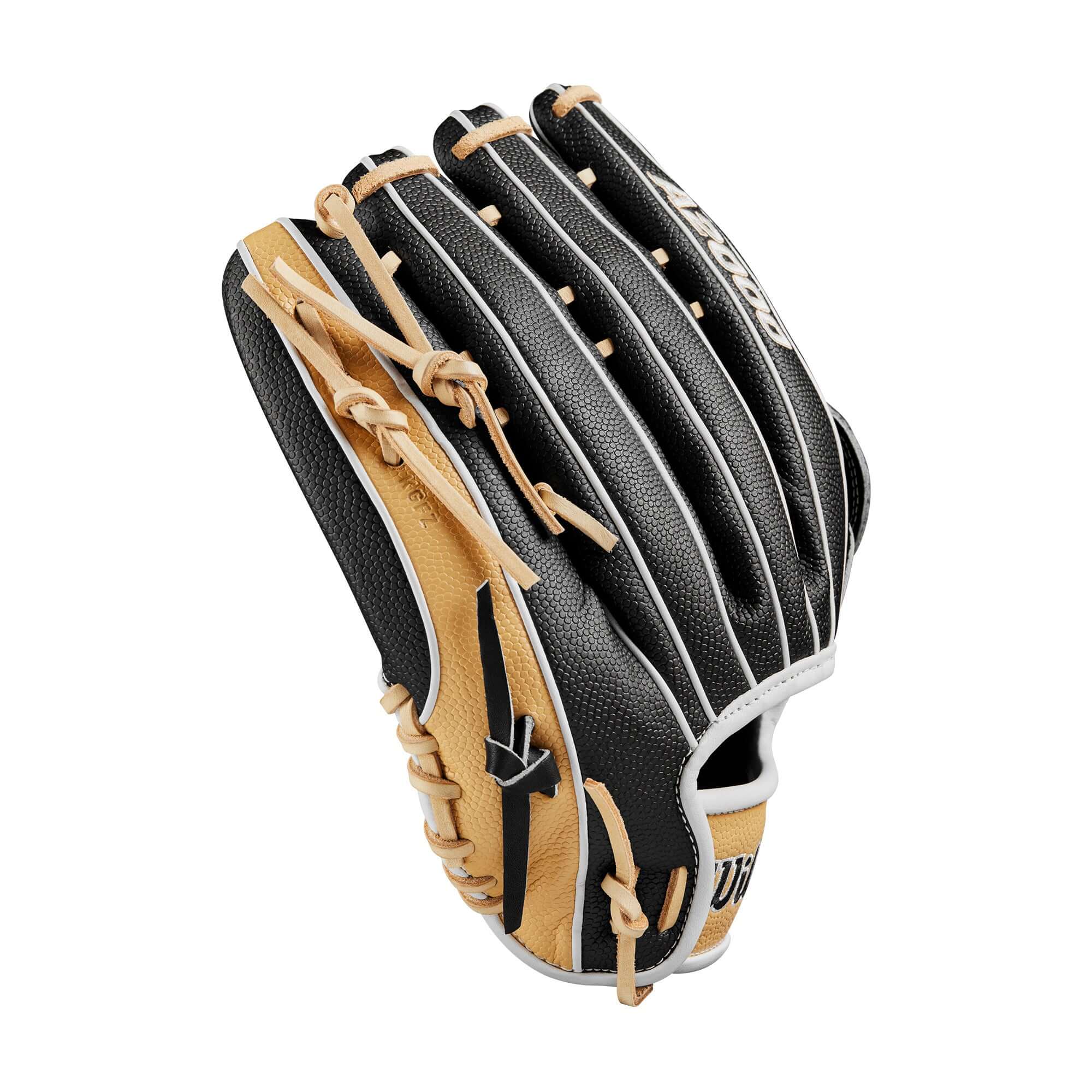 Wilson 2024 A2000 PF50SS 12.25" outfield glove in black and tan with a Dual Post Web design.