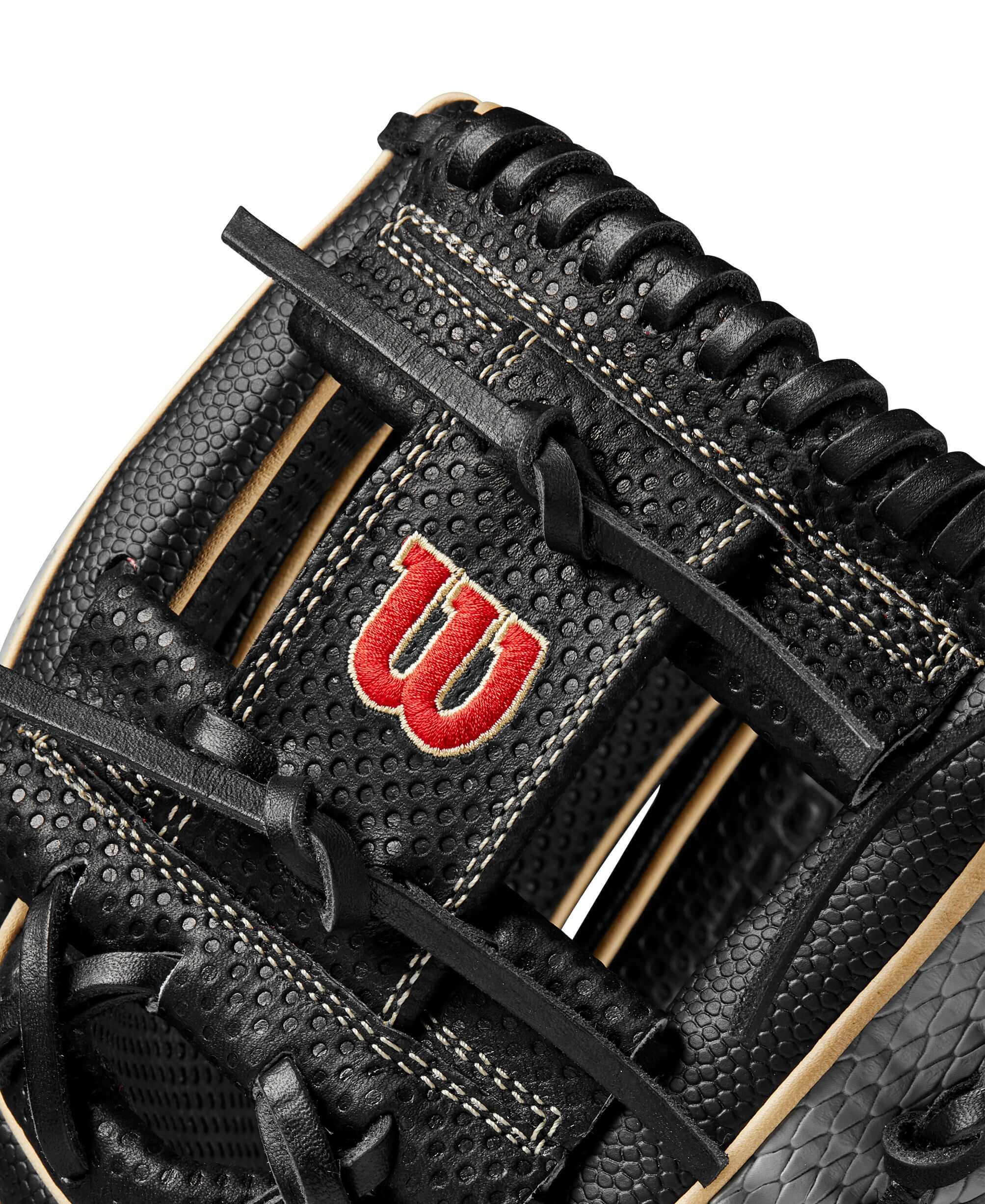 Wilson 2024 A2K SC1786SS infield baseball glove close-up, showcasing SuperSkin™ and Spin Control Technology™.