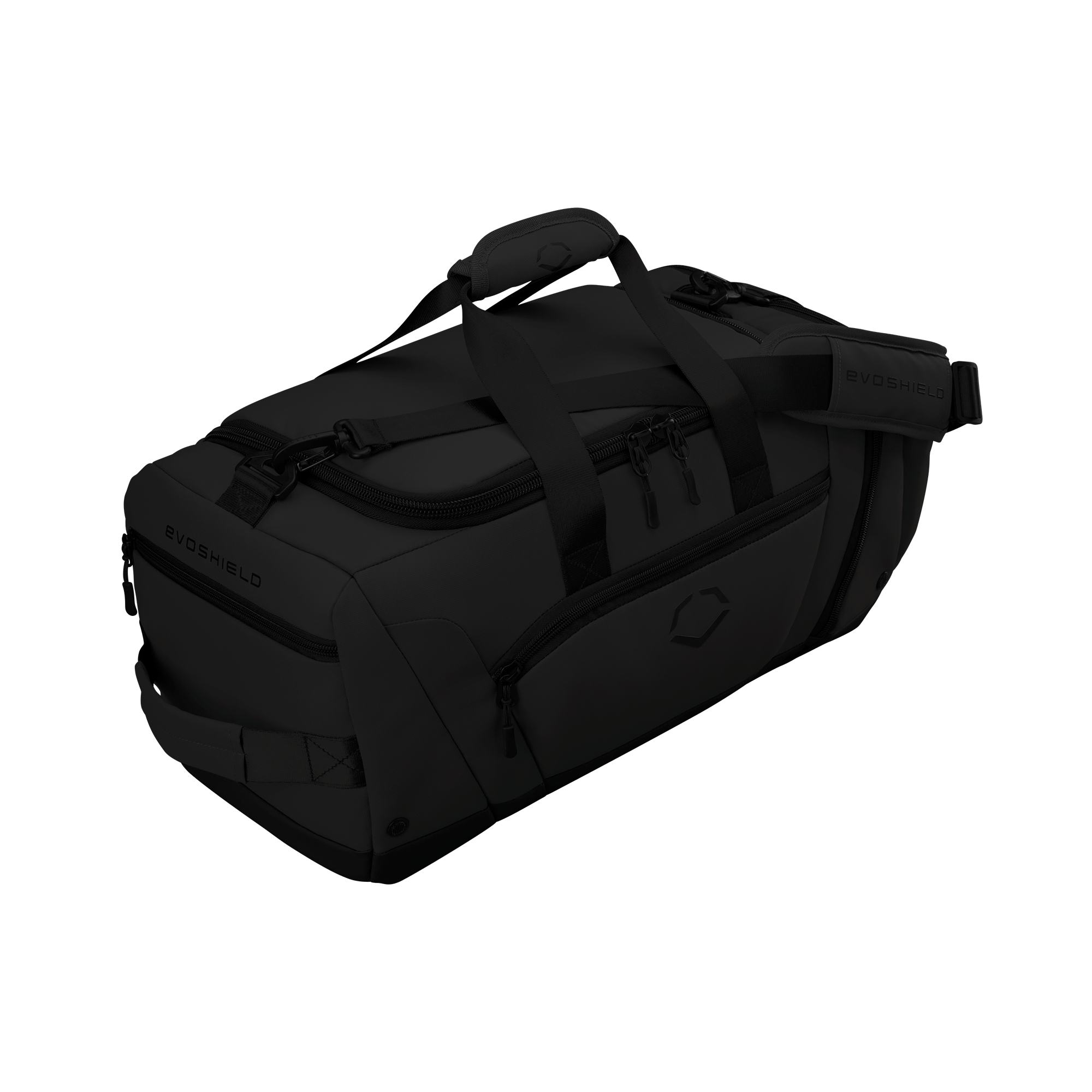 Evoshield Training Duffle bag in black, designed for athletes with compartments for gear, shoes, and accessories.