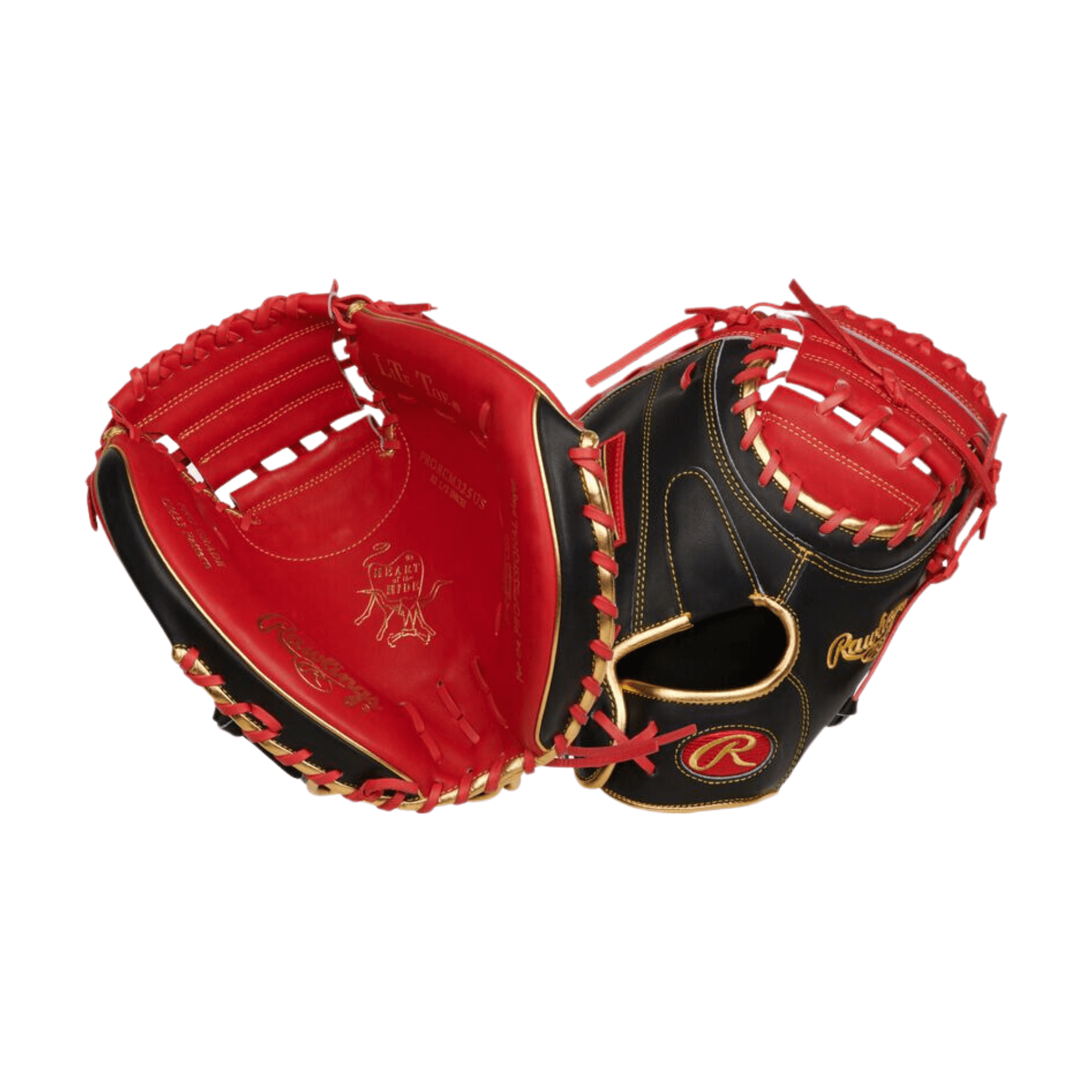 Rawlings Heart of the Hide 32.5" Contour Catcher's Mitt in black and red, showcasing high-quality leather and secure fit design.