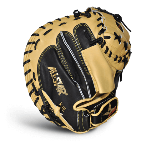 All-Star Pro-Elite Catcher's Mitt in black and tan with adjustable strap and soft leather pocket, ideal for catchers.