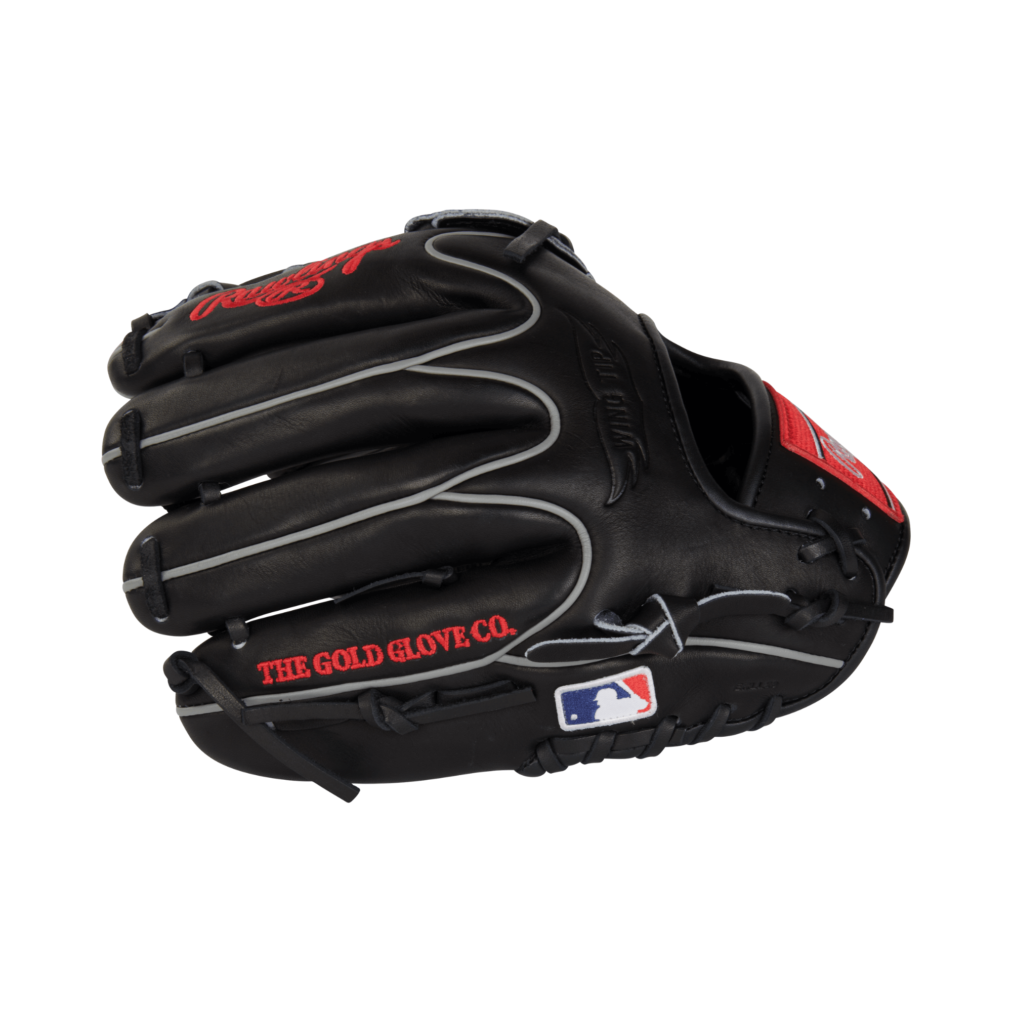 Rawlings Heart Of The Hide 11.75-inch baseball glove in black with red accents, perfect for infield and outfield play.