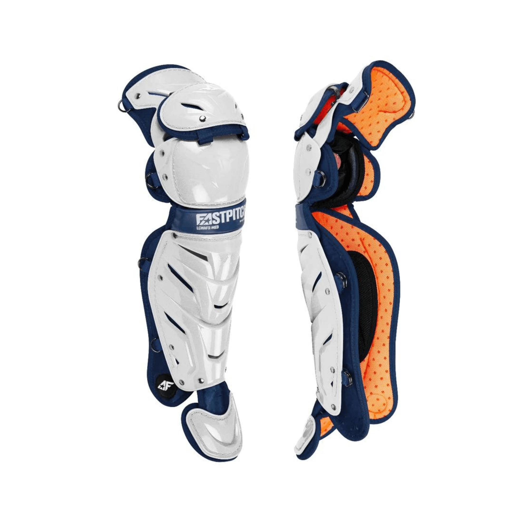 All-Star AFx Fastpitch leg guards in white and navy, featuring D3O knee pads and LINQ hinge system for female catchers.