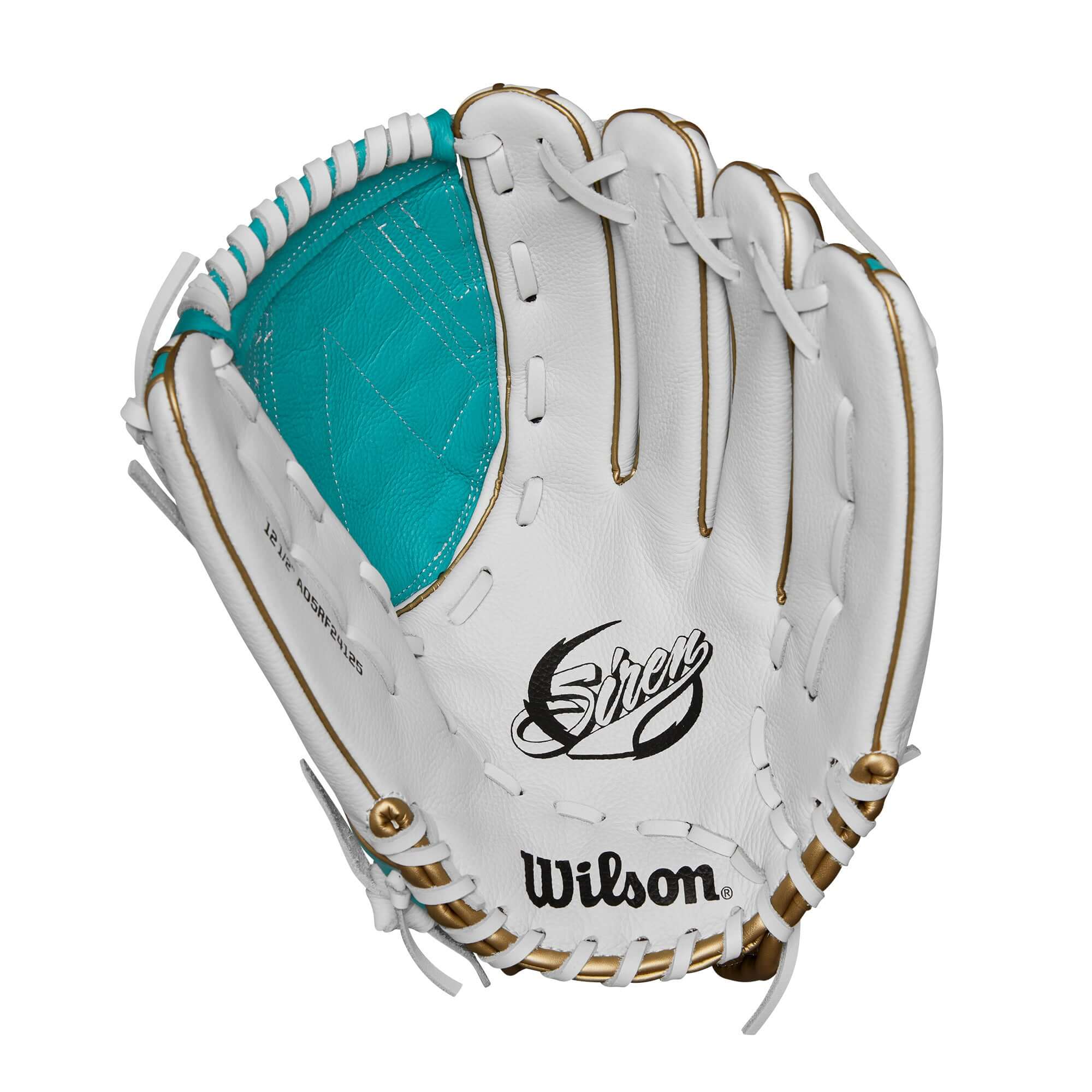 Wilson A500 Siren 12.5” youth outfield glove in white, teal, and gold, featuring Closed Victory Web design.