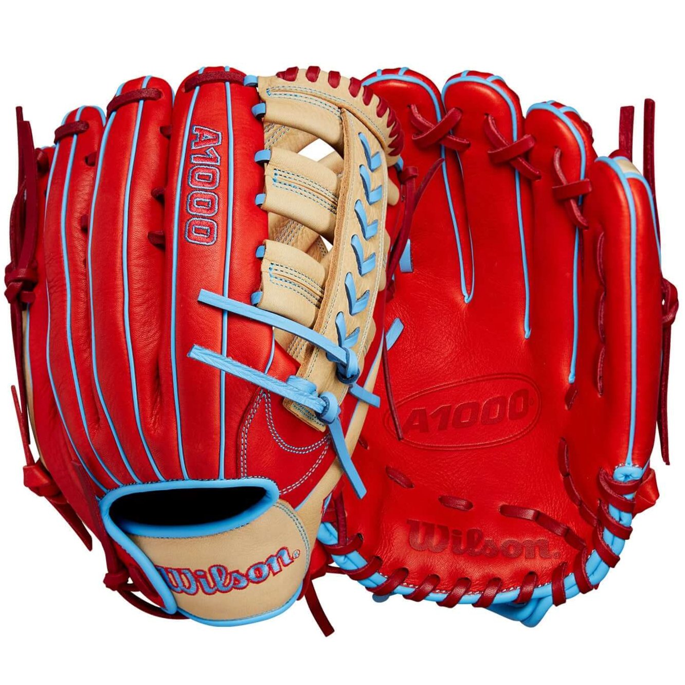 Wilson 2024 A1000 PF1892 Outfield Baseball Glove in Red, Blonde, and Blue, 12.25" for young players and teens.