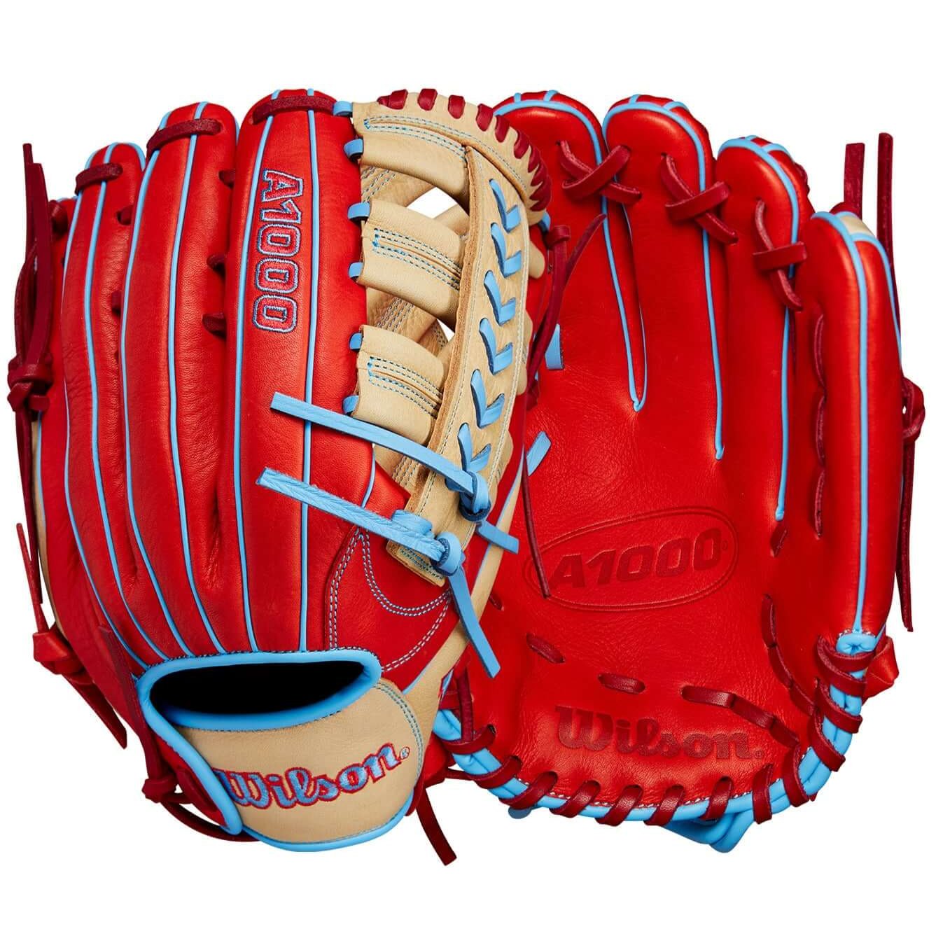 Wilson 2024 A1000 PF1892 Outfield Baseball Glove in Red and Blonde, 12.25" with Pedroia Fit for younger players.