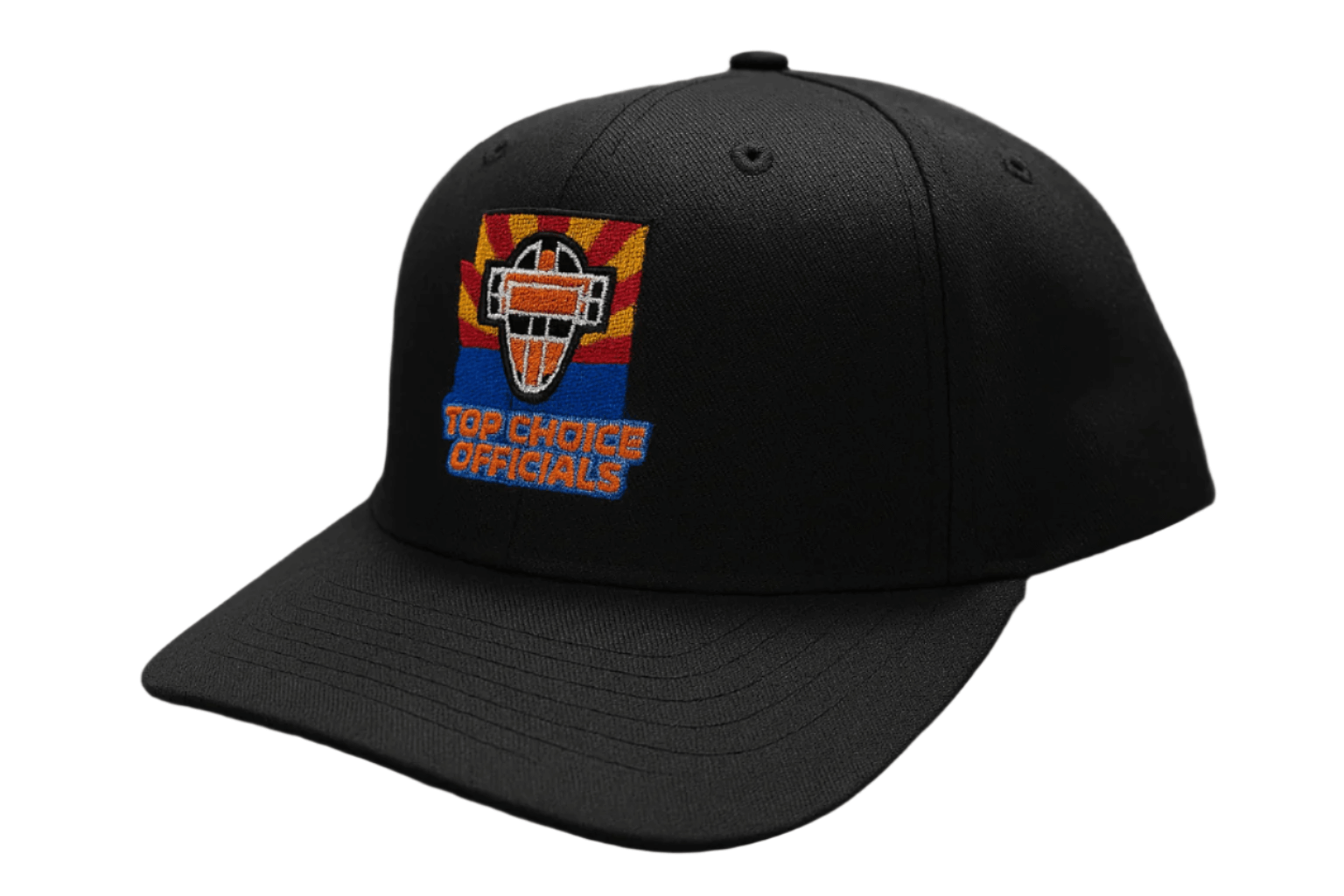 Richardson Top Choice 2026 black cap with embroidered 'Top Choice Officials' logo, showcasing quality craftsmanship.