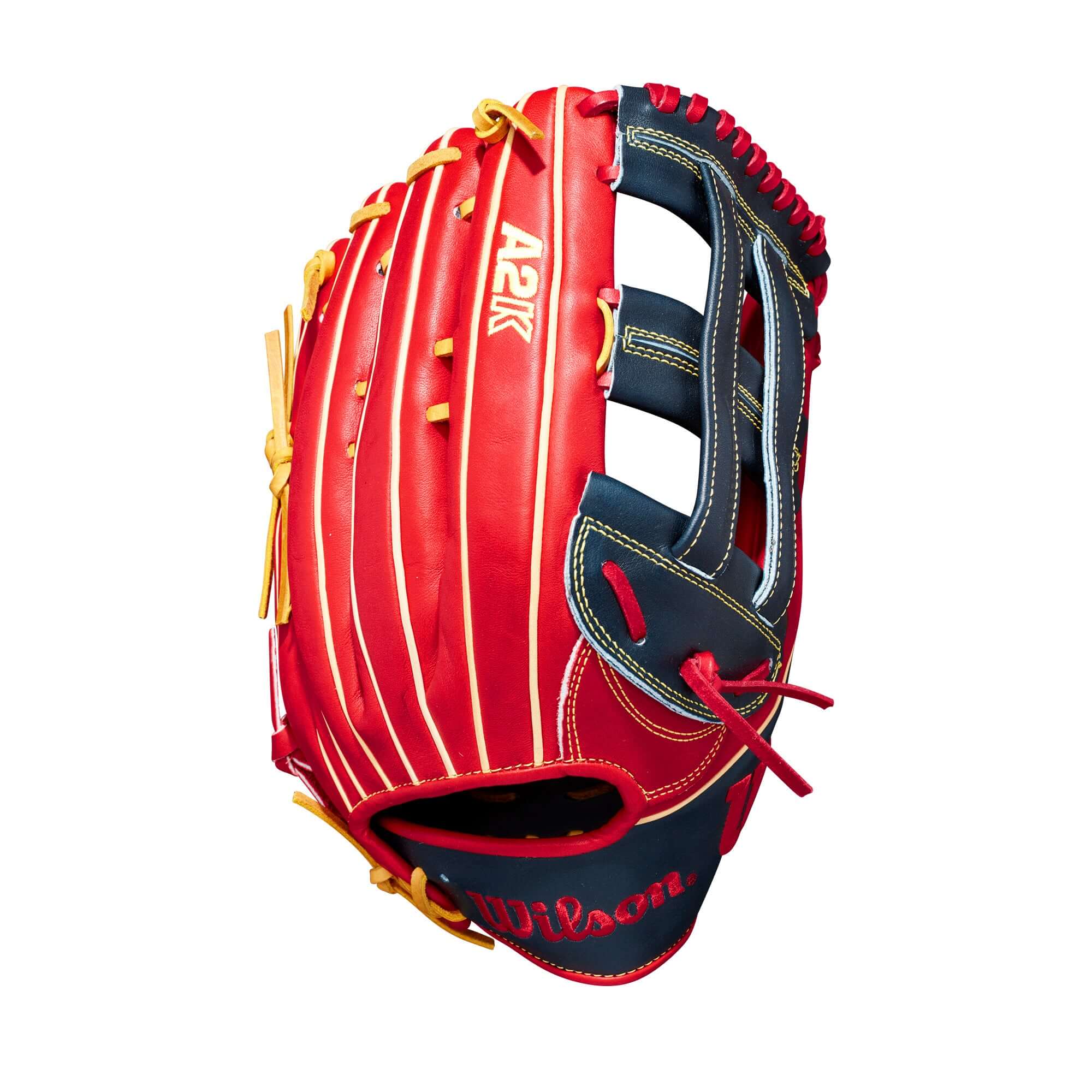 Wilson 2022 Juan Soto A2K JS22 GM Outfield Baseball Glove in red and black, 12.75", designed for improved control and pocket stability.