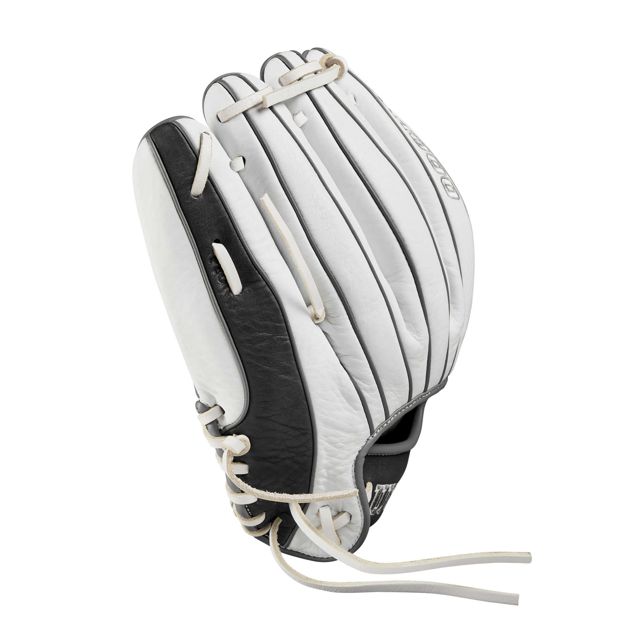 Wilson 2024 A1000 P12 pitcher's fastpitch softball glove in white and grey, featuring a two-piece closed weave web design.