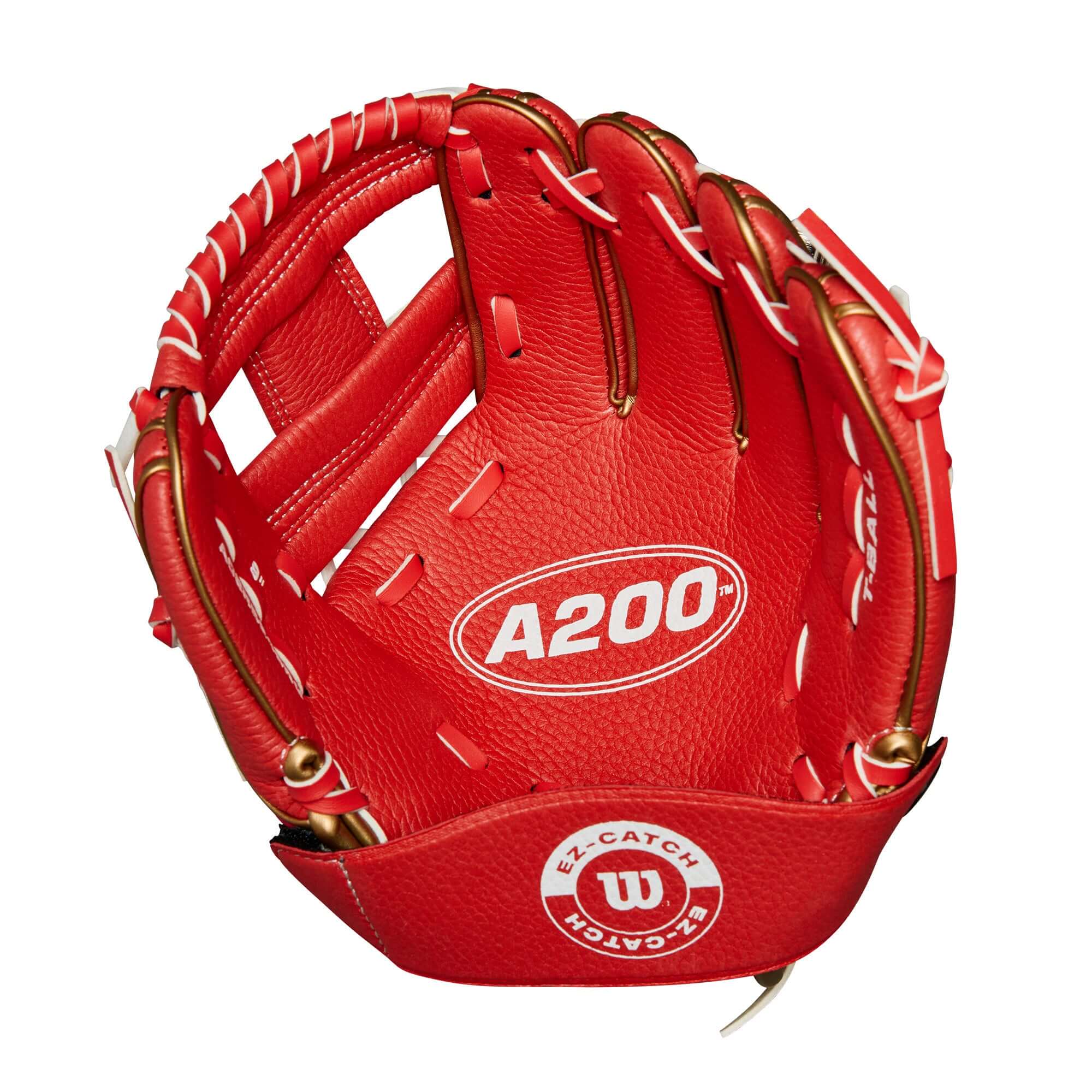 Wilson A200 EZ Catch 9" T-Ball glove in red, designed for young players with a secure fit and catch assist strap.