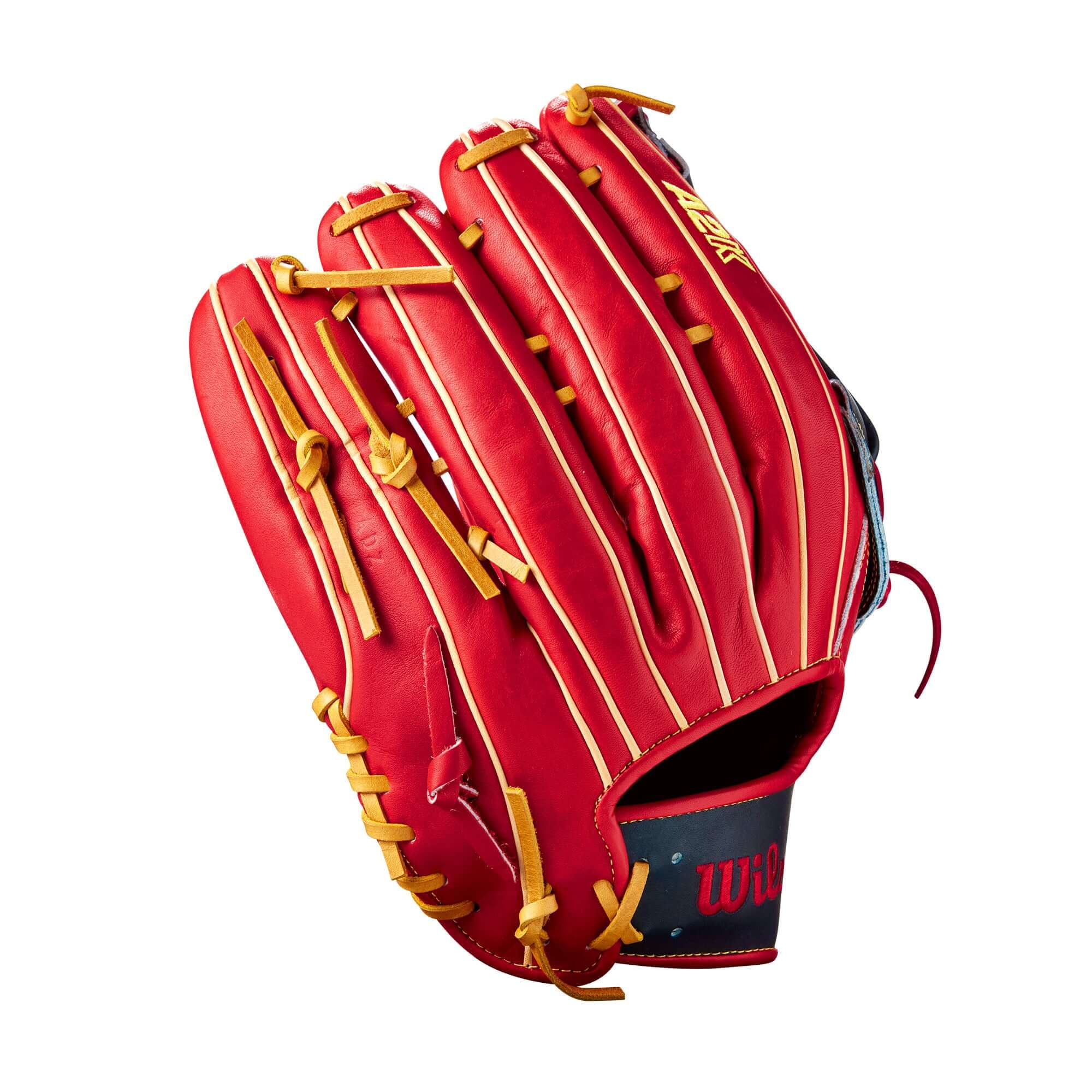 Wilson 2022 Juan Soto A2K JS22 GM 12.75" left-handed outfield baseball glove in red and black with yellow laces.