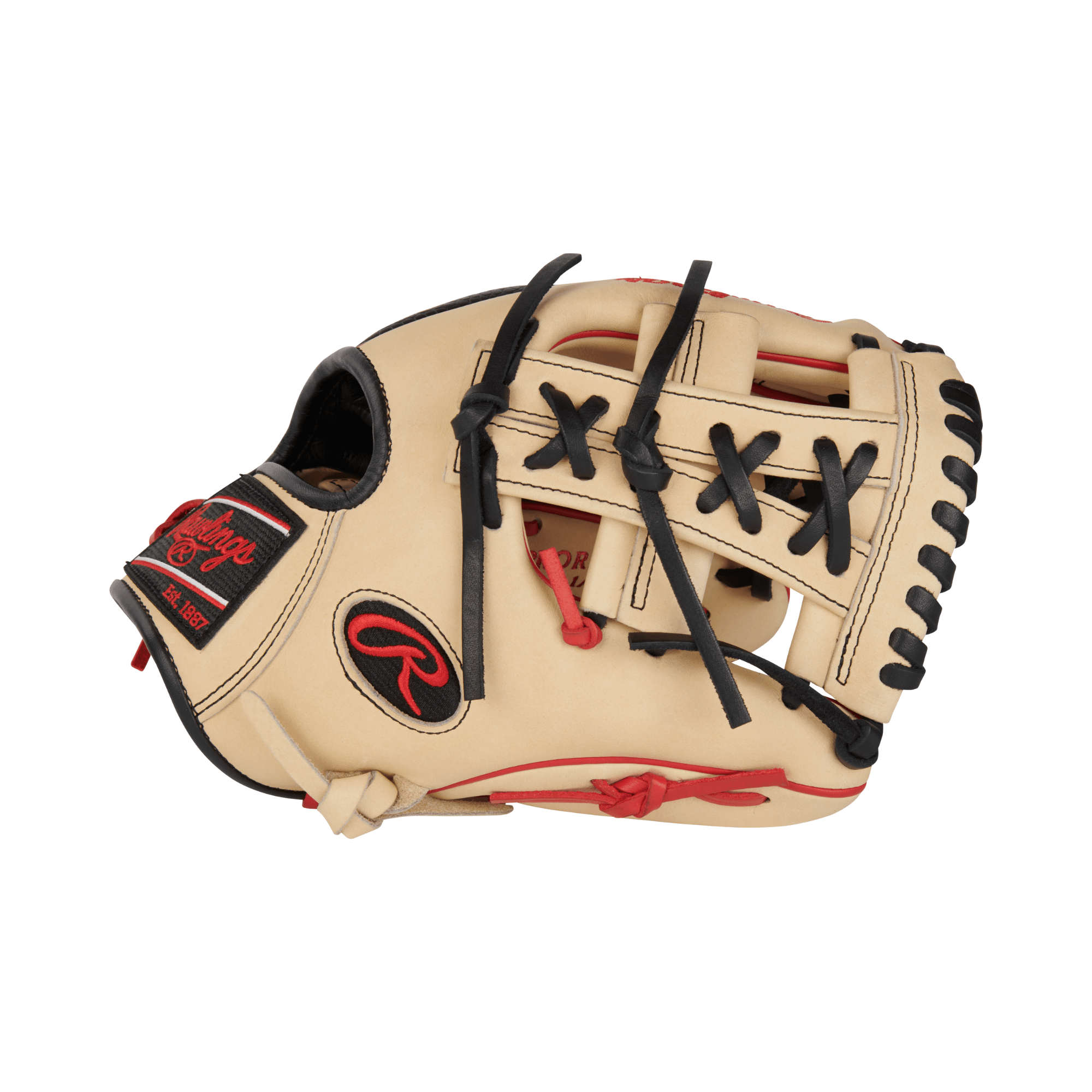 Rawlings Heart Of The Hide R2G 11.5" baseball glove in tan leather with black laces and red accents.