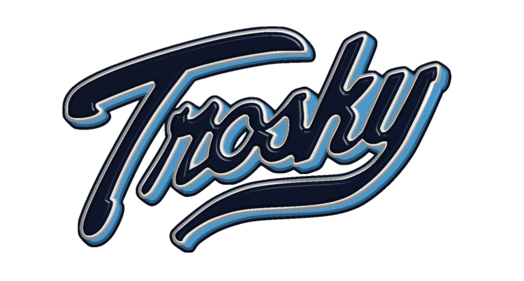 Trosky logo in bold blue and navy design, perfect for enhancing baseball gear and team spirit.