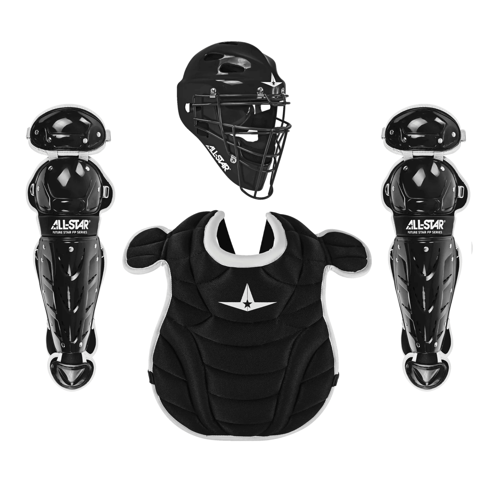 All-Star Future Star Catcher's Kit featuring black helmet, chest protector, and leg guards for ages 9-12 baseball players.