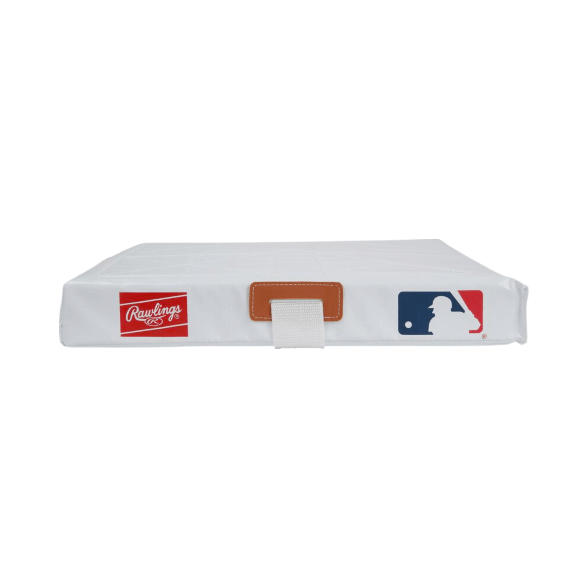 Rawlings quilted baseball base featuring MLB logo, designed for durability with nylon straps and premium quilted cover.