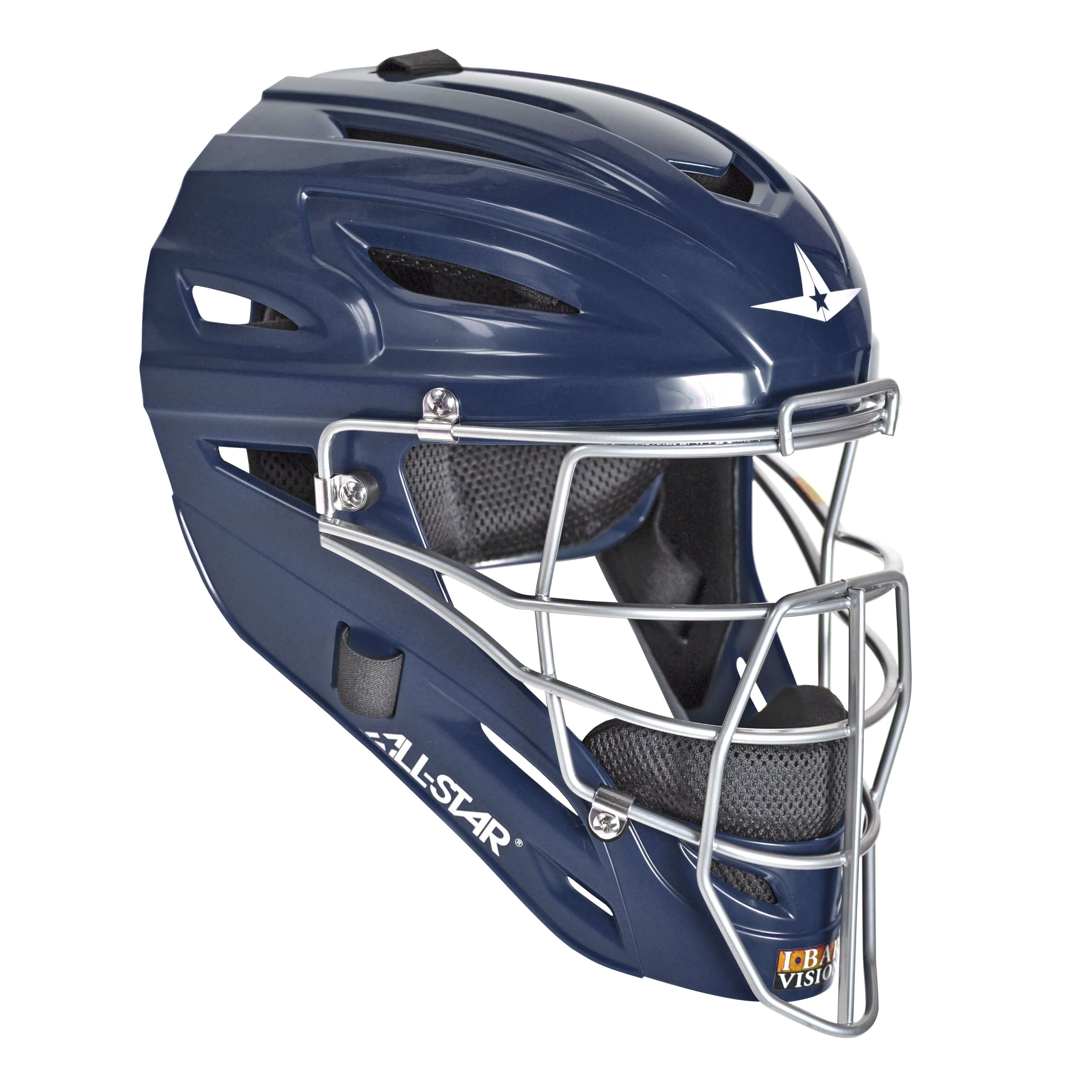 All-Star S7 AXIS catcher's helmet in navy with I-BAR VISION cage, featuring removable mesh liner for ages 9-12.
