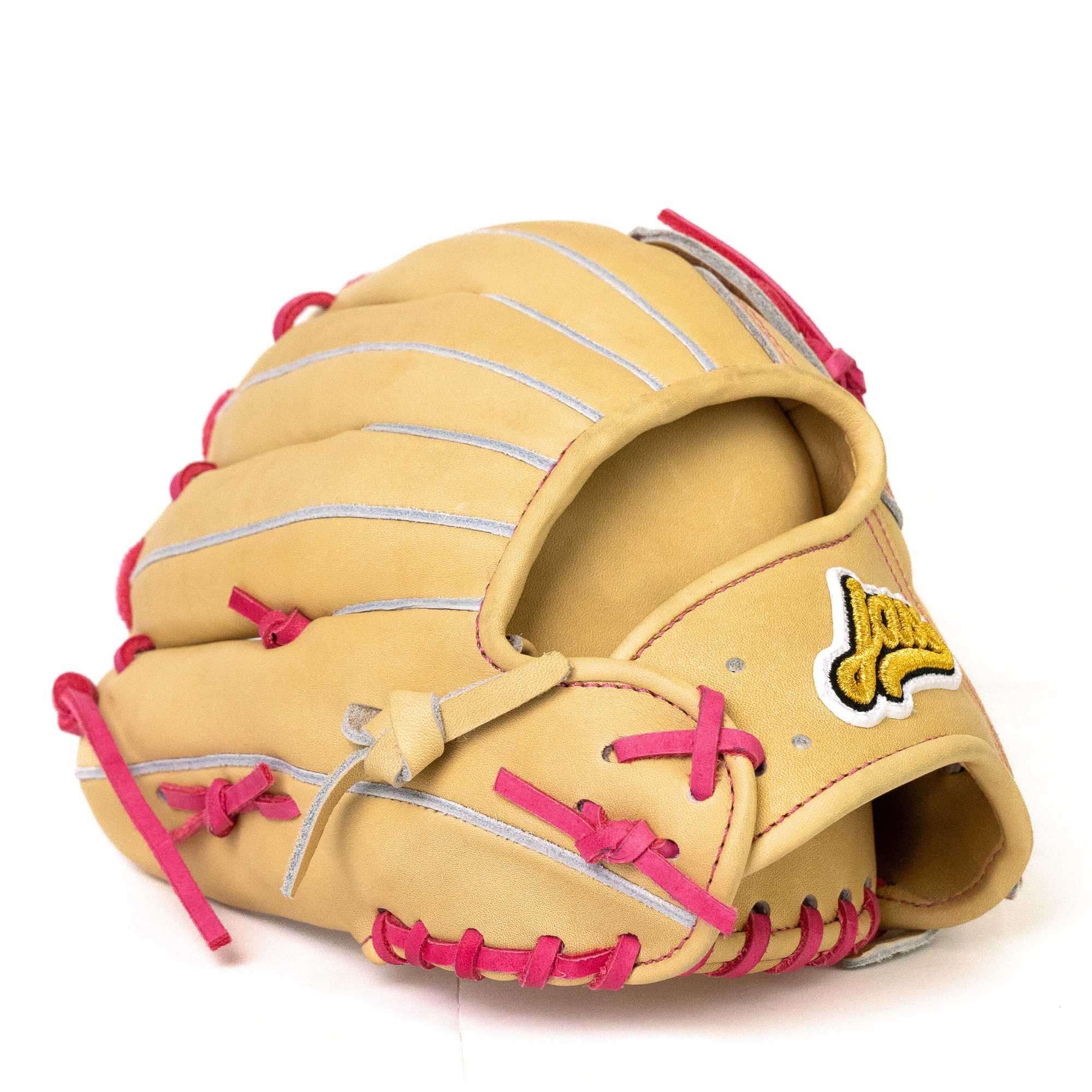Jax EN-7 infield glove in blonde leather with pink lacing, showcasing its flexible design and deep pocket for field performance.