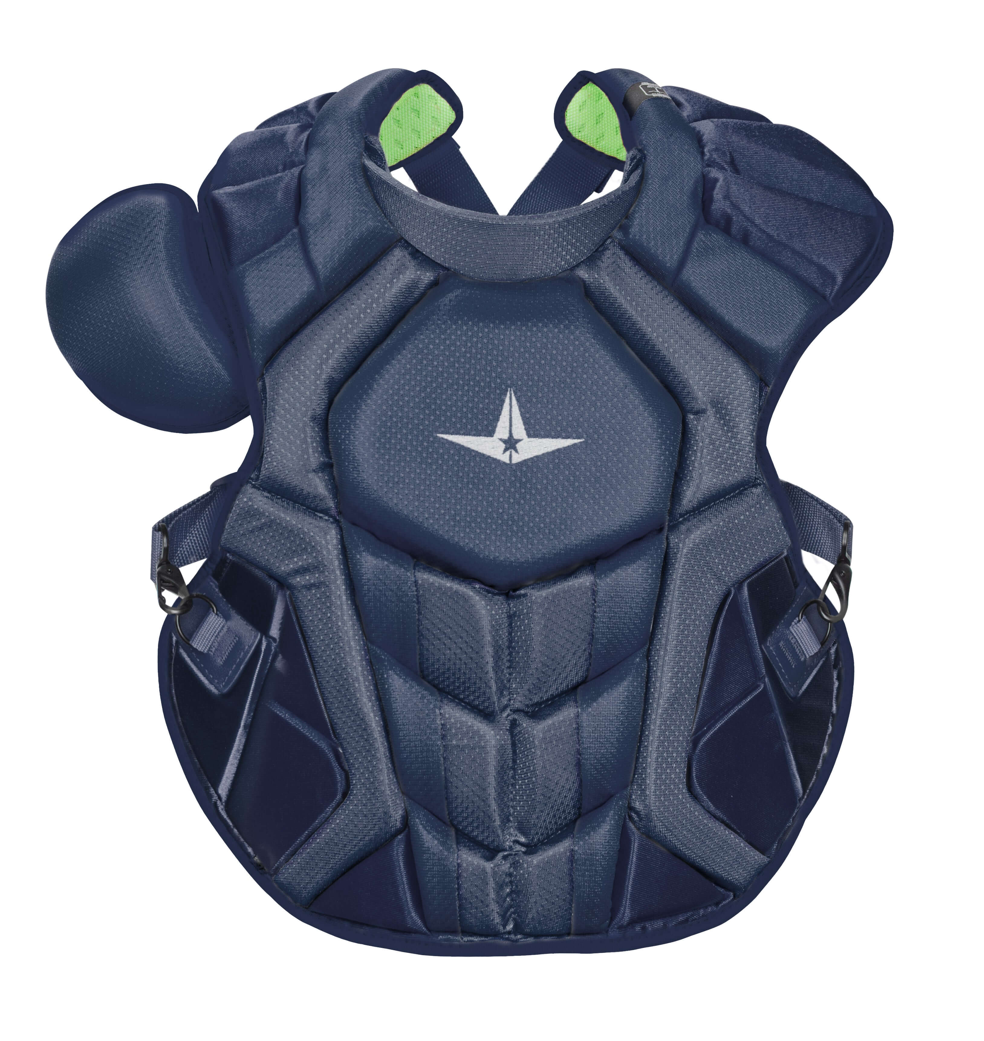 All-Star S7 adult chest protector in solid navy color, featuring NOCSAE compliance, DeltaFlex harness, and lightweight design.