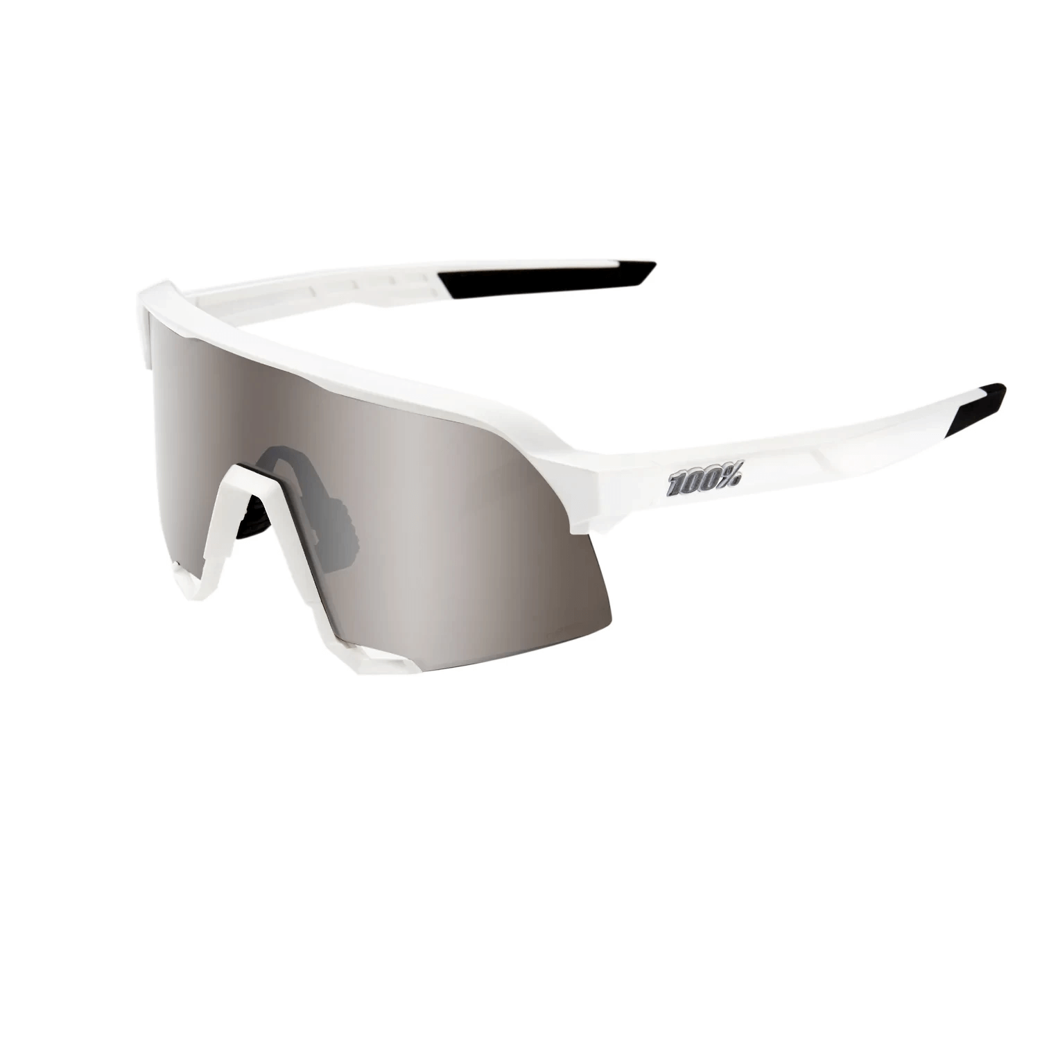 100% S3 Matte White sunglasses with HiPER Silver Mirror Lens, designed for optimal visibility and protection.