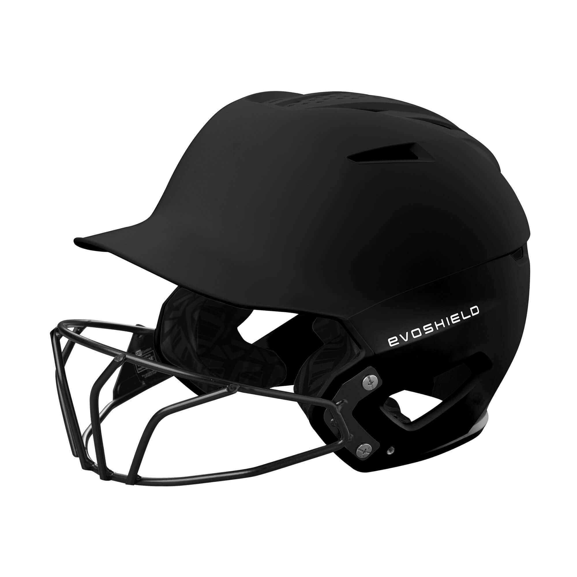 EvoShield XVT 2.0 matte black batting helmet with facemask, designed for comfort and protection at the plate.