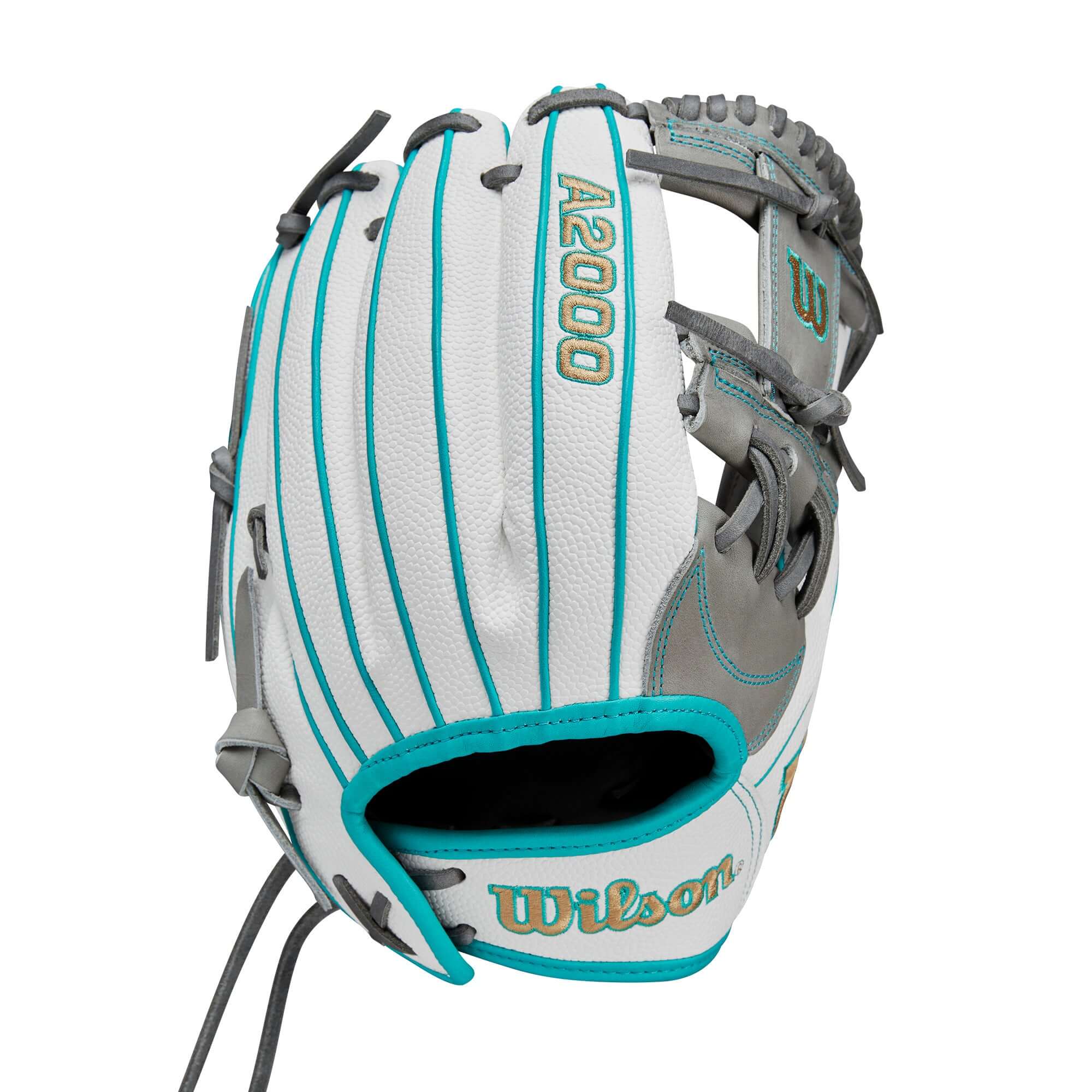 Wilson 2024 A2000FP H75 fastpitch glove in black, grey, and teal with classic H-Web design and 11.75" size.