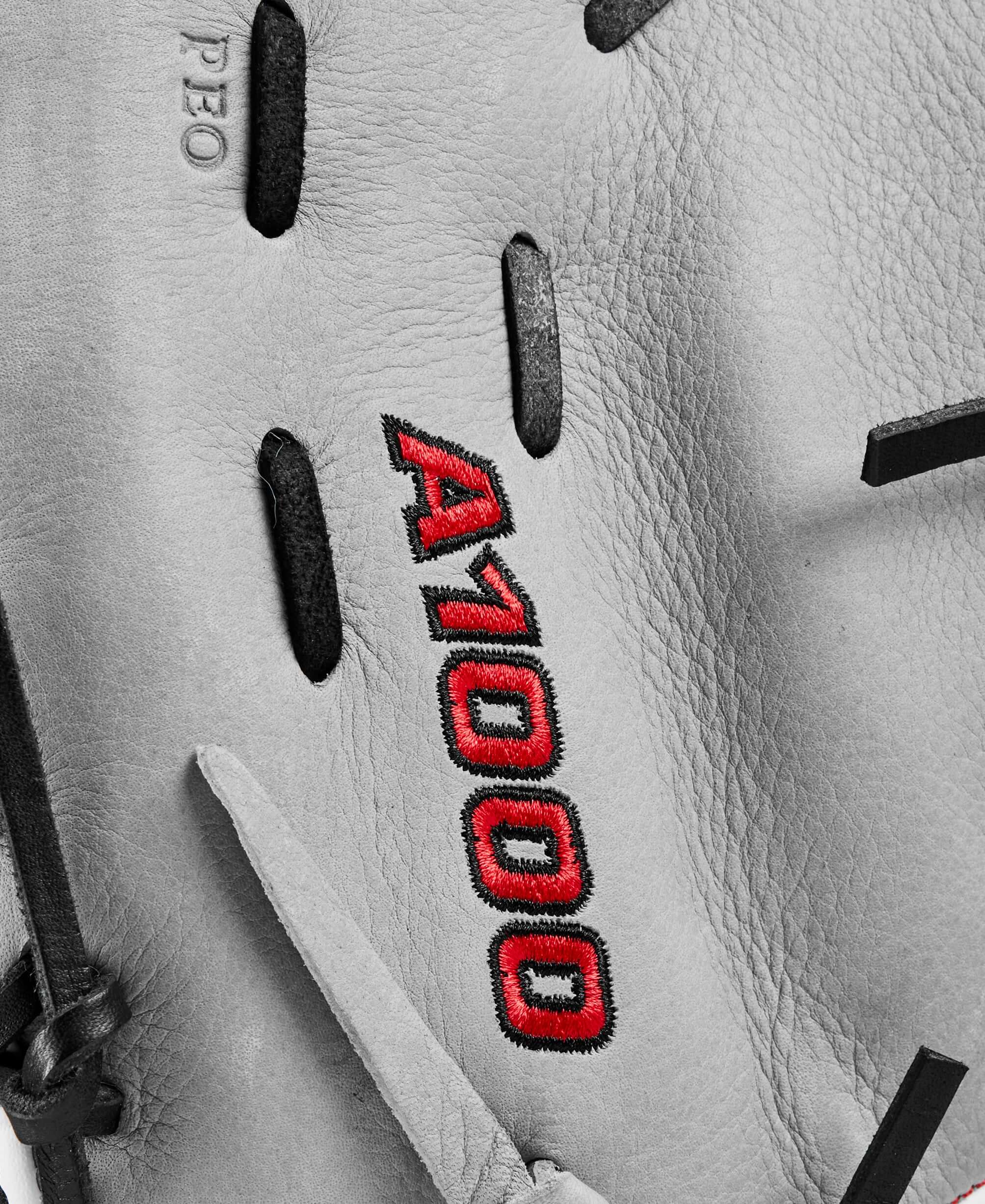 Close-up of the Wilson A1000 1620 first base mitt showing the red embroidered logo on soft grey leather.