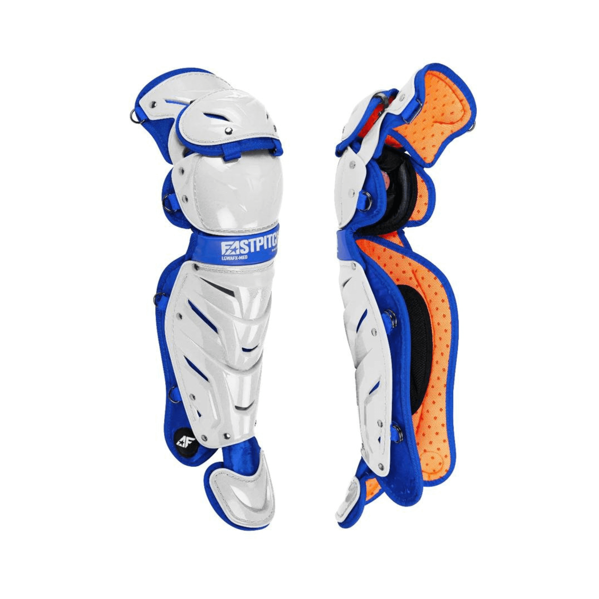 All-Star AFx Fastpitch leg guards in white and royal blue, featuring LINQ hinge system and adjustable D3O knee pads.