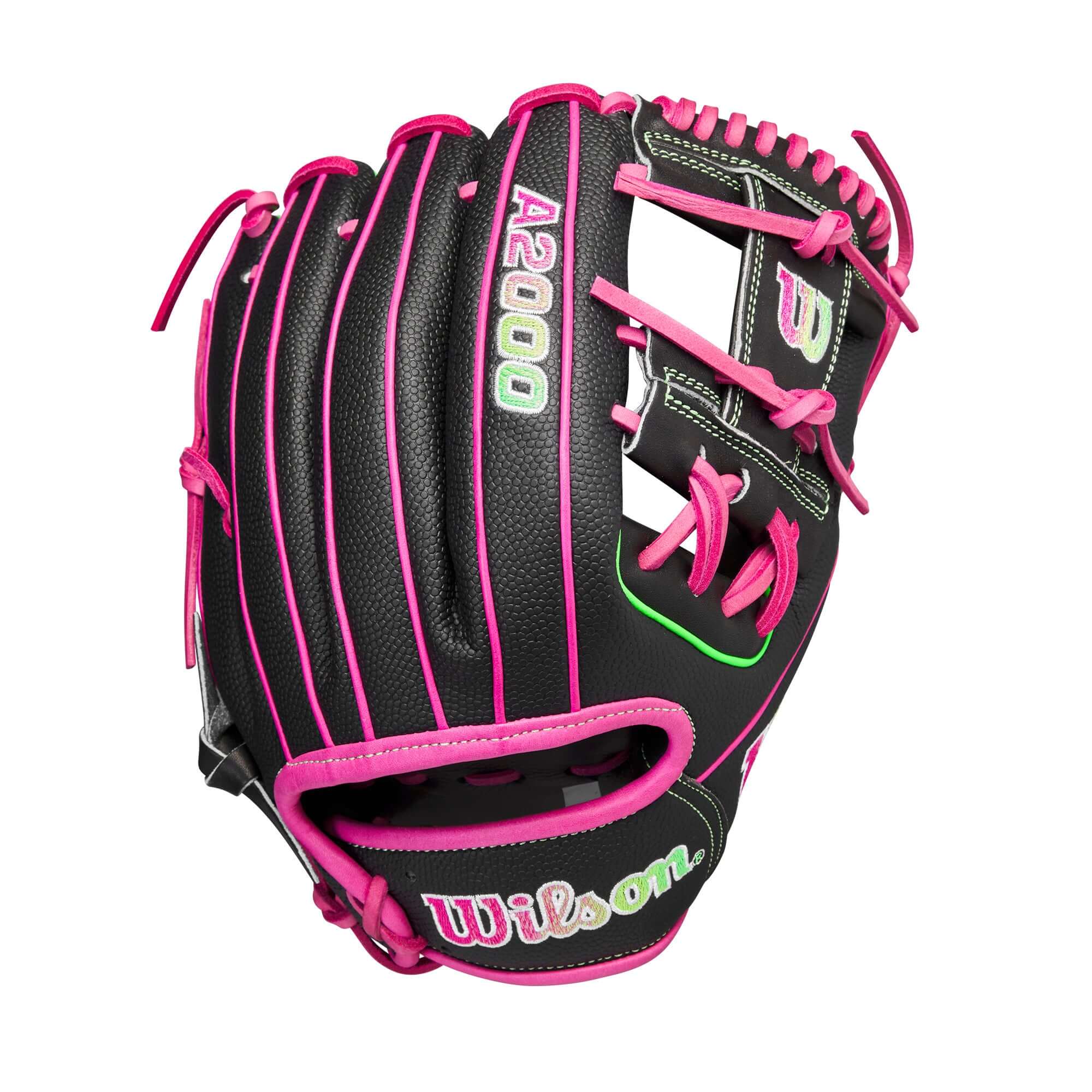 Wilson A2000 August 2023 1975 Party Time glove in black and pink, 11.75" with deep pocket for improved catch.