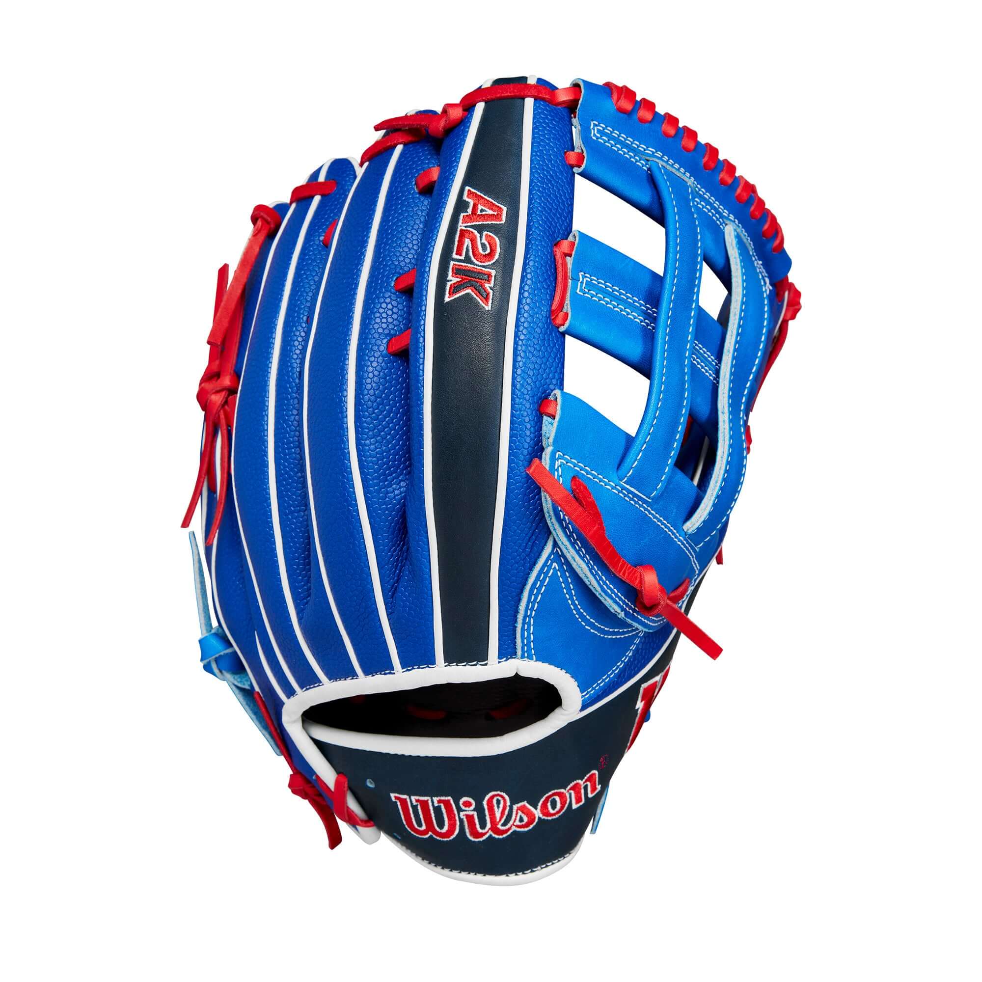 Wilson A2K Mookie Betts 12.5" outfield glove in blue and red leather with a Dual Post Web design.
