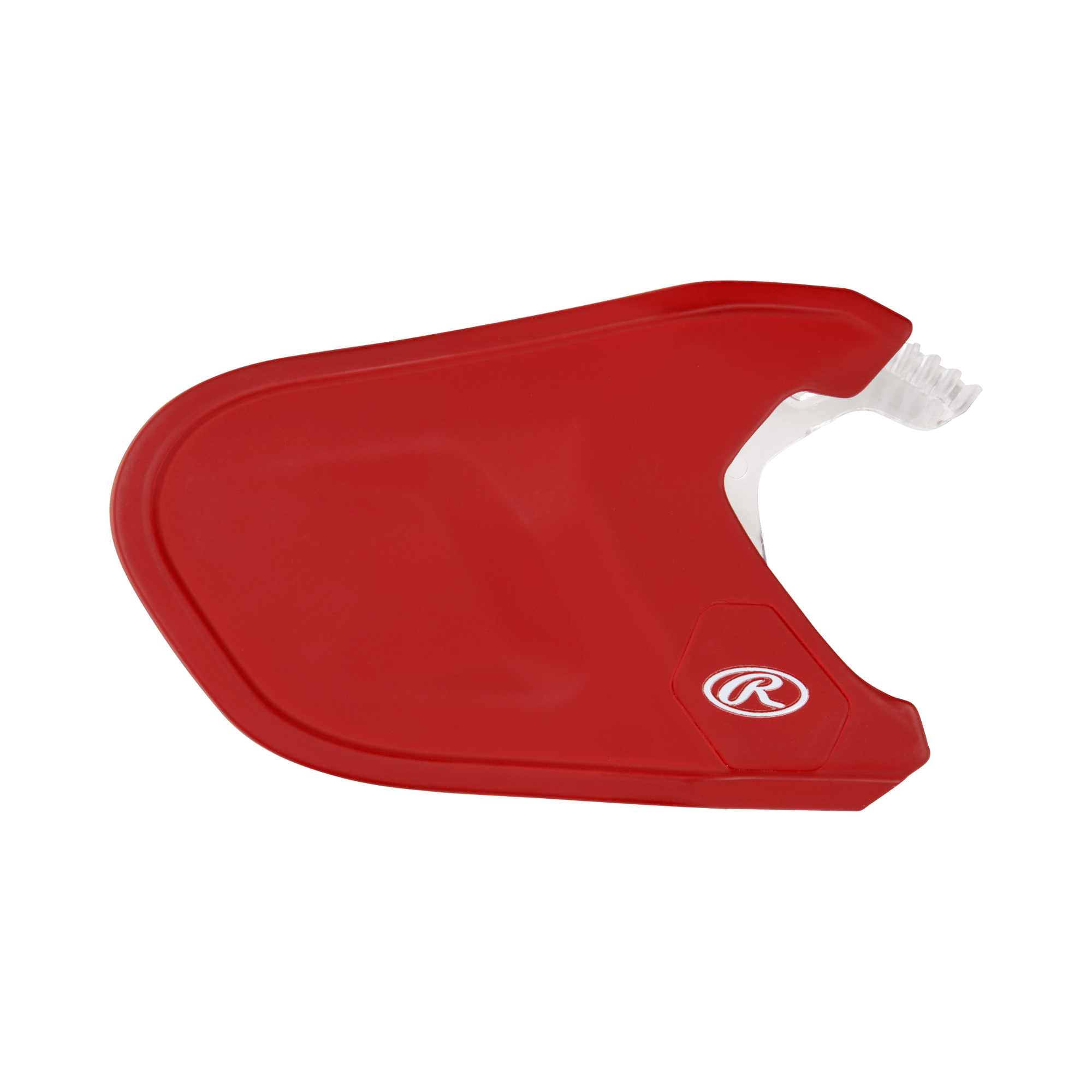 Rawlings Matte Adjustable Jaw Guard in red, designed for extra facial protection and compatibility with Mach helmets.
