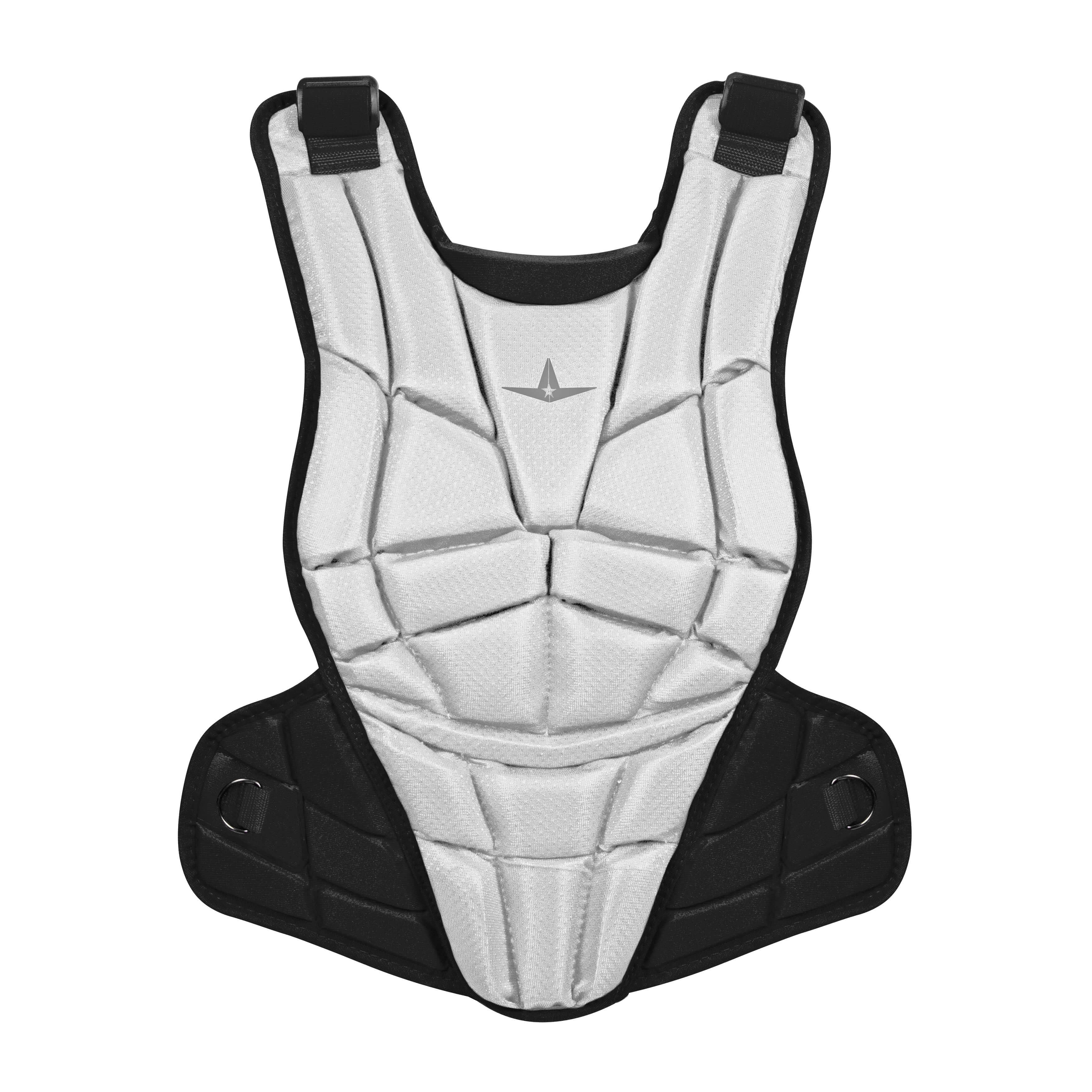 All-Star AFx Elite Fastpitch Chest Protector in black and white, designed for a fitted, protective experience for catchers.