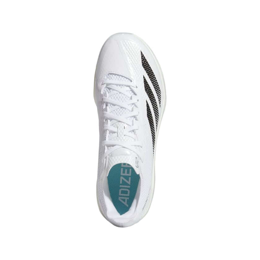 Adidas Adizero Electric 2.0 Baseball Cleats White – top view with lace closure, Core Black details, and snug fit.