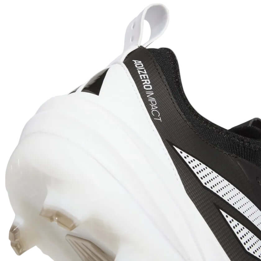 Heel view of Adidas Adizero Impact 2.0 TPU Cleats - Core Black/Cloud White showing logo and TPU outsole.